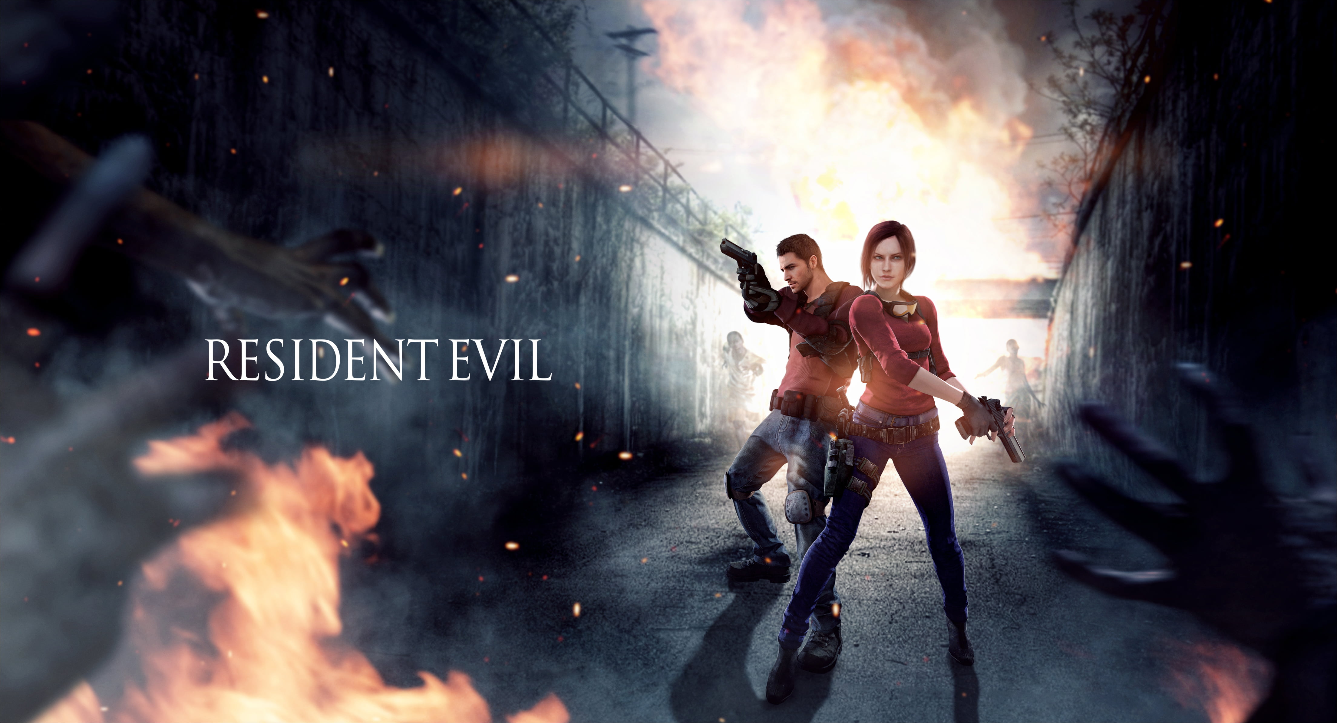 two people, anger, men, Claire Redfield, capcom, male, evil, girl, resident, full length, people, aggression, warning sign, weapon, 4K, Resident Evil, HD Wallpaper