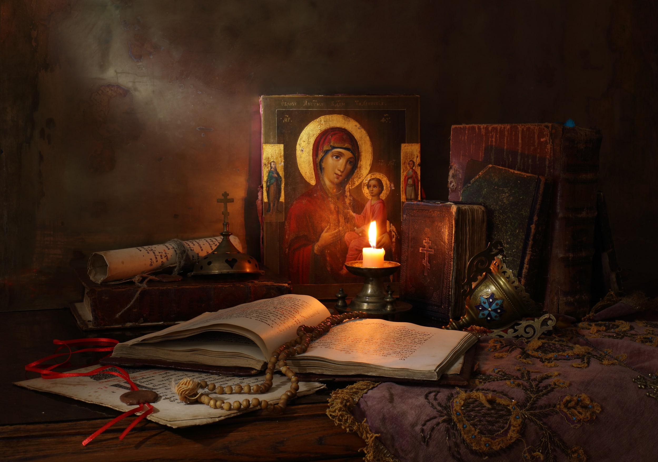 brown, books and candle, prayer, beads, book, Still Life with icon, white, books and candles, 1080P, HD Wallpaper