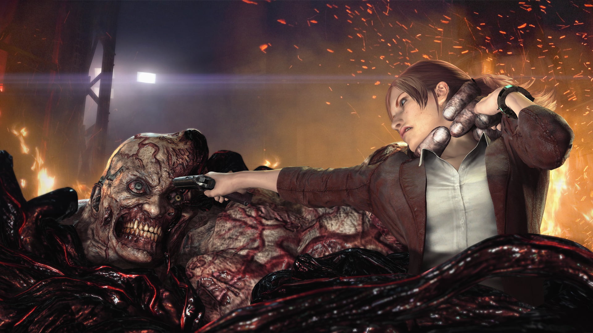 young women, clothing, girl, lifestyles, one person, fight, sitting, holding, mutant, looking, fire, capture, warm clothing, illuminated, battle, gun, waist up, HD Wallpaper