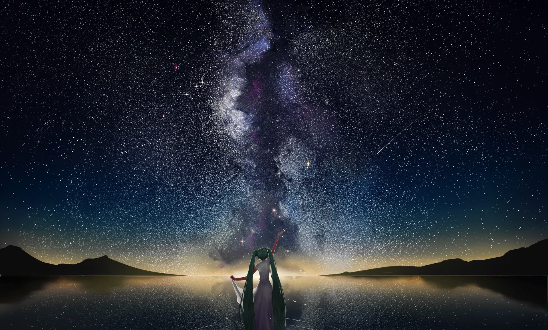 flashlight, astronomy, tranquility, beauty in nature, water, tranquil scene, scenics - nature, 1080P, star, space, one person, lake, sky, galaxy, Vocaloid, HD Wallpaper