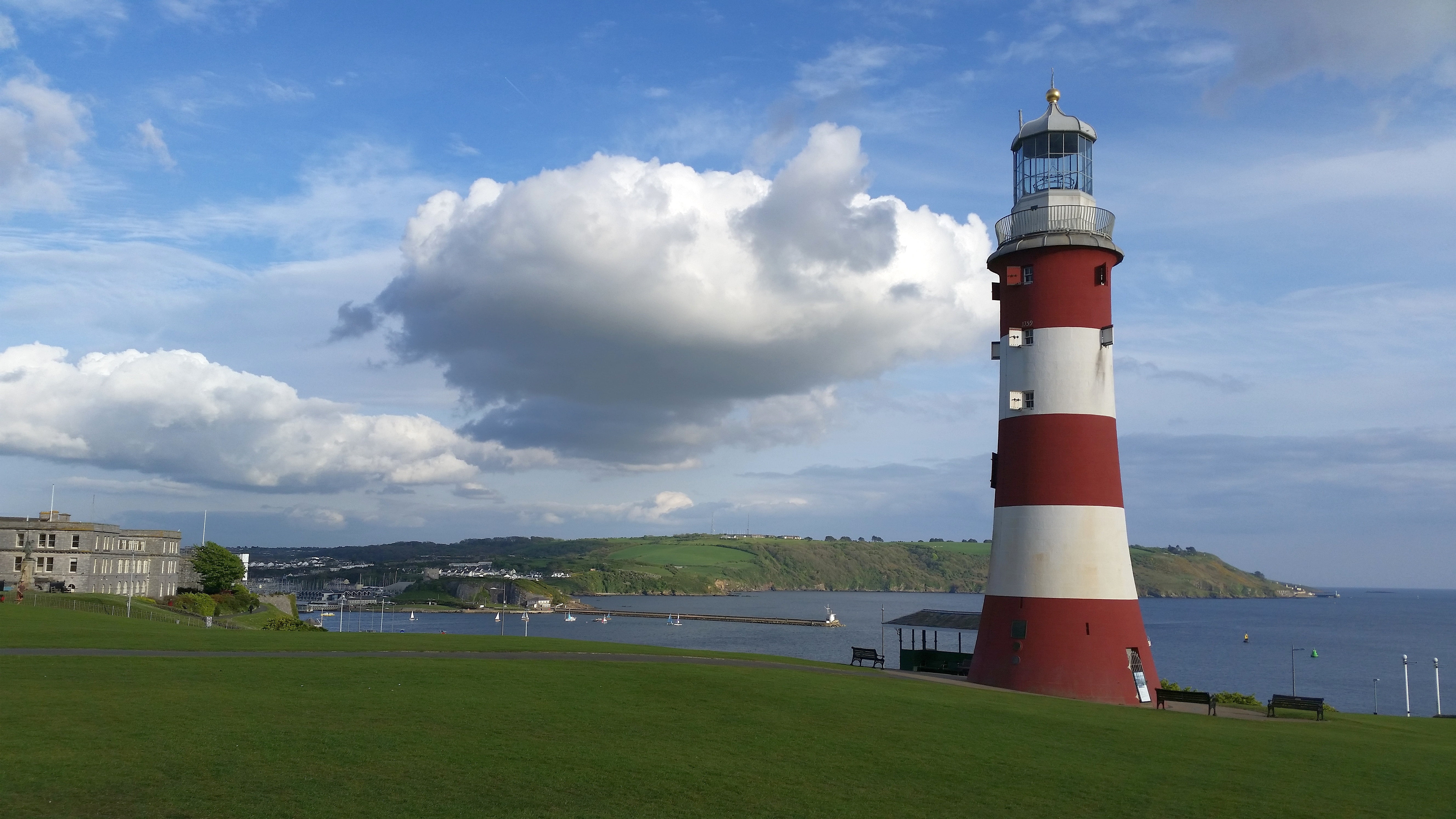navigation, port, building exterior, land, built structure, architecture, outdoors, devonshire, hoe, england, grass, shipping, striped, beach, water, plymouth, HD Wallpaper