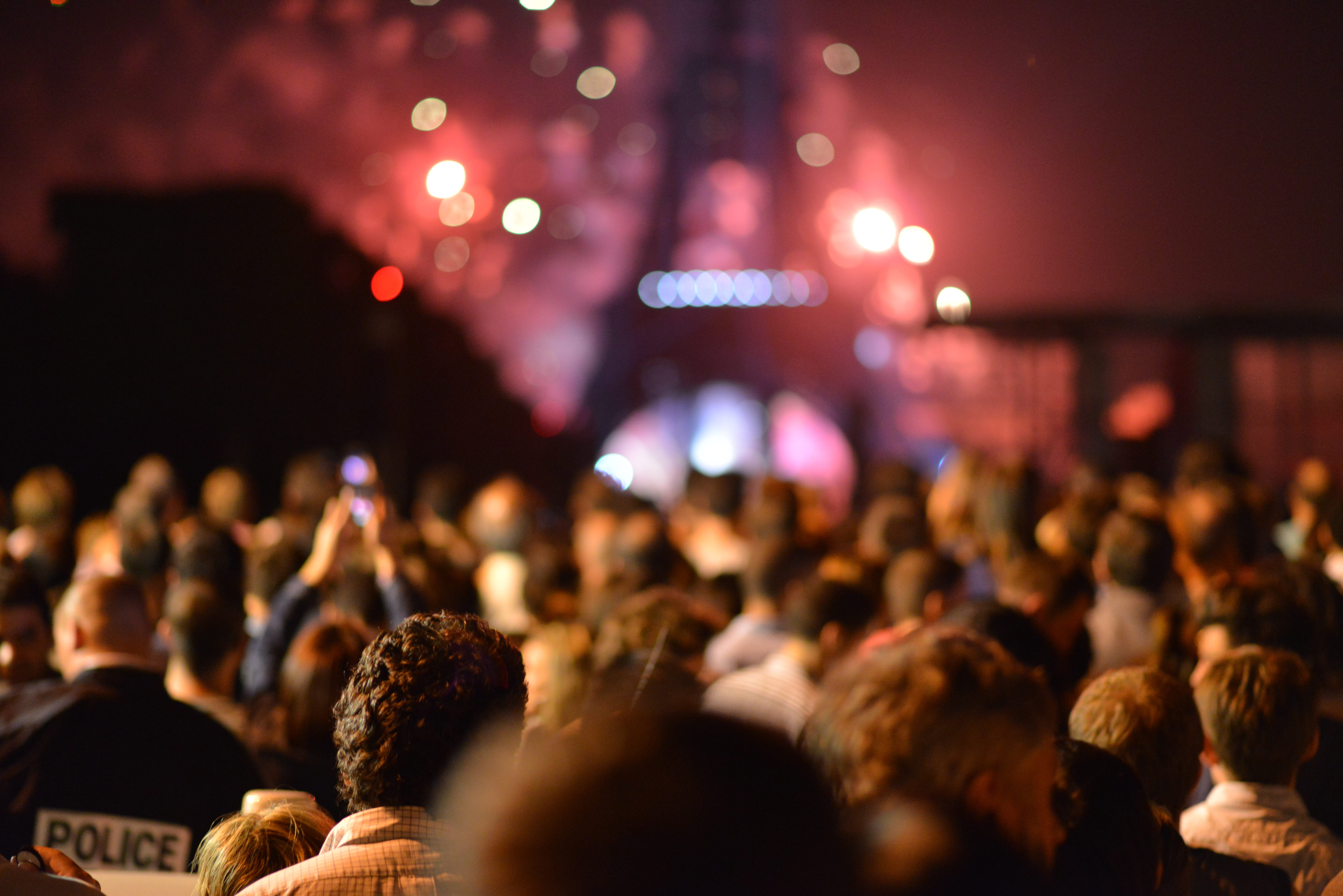 excitement, eiffel tower, lower, performing arts event, paris, front, fireworks, blur, human limb, popular music concert, enjoyment, spectator, visible, HD Wallpaper
