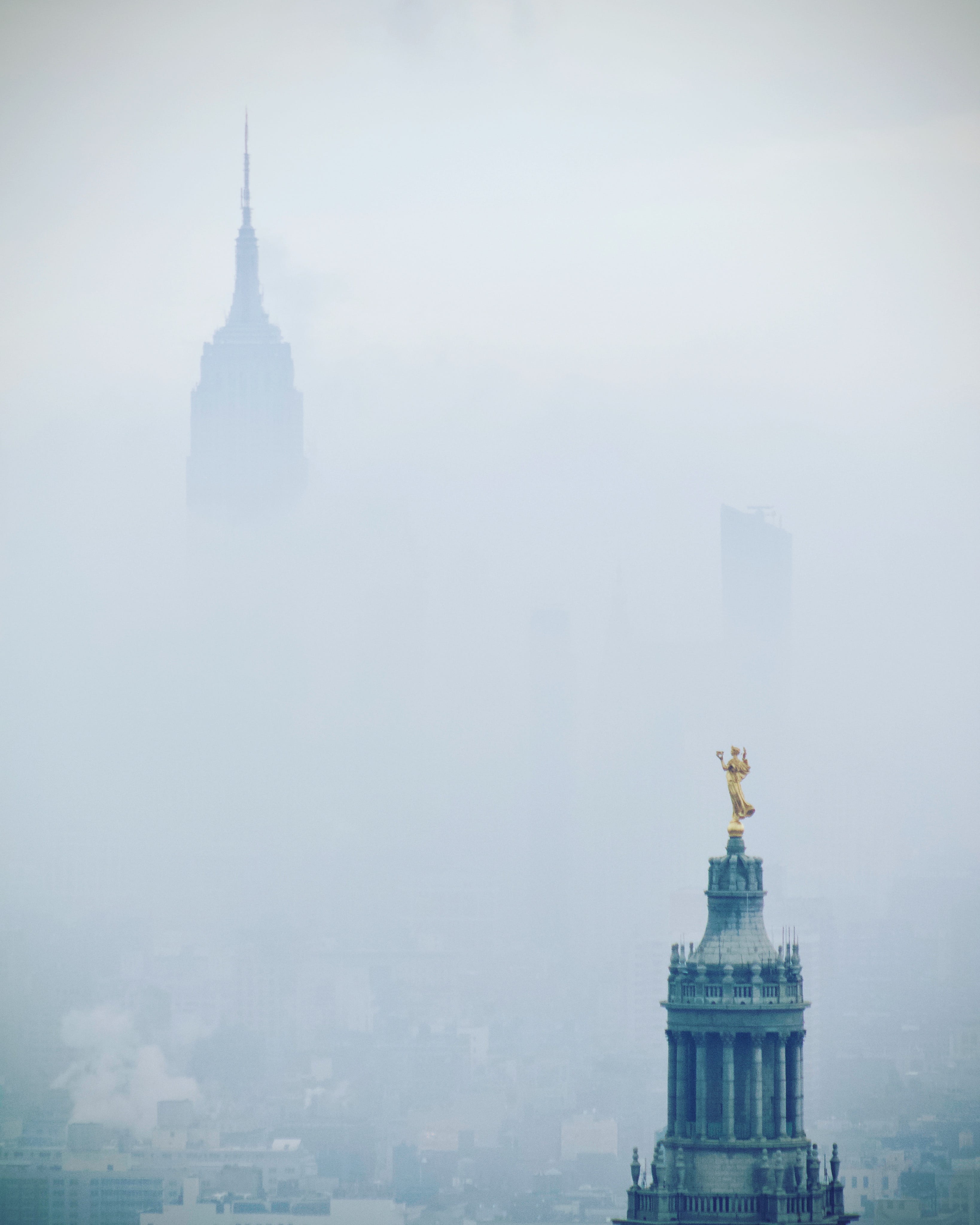 skyscraper, office building exterior, spire, manhattan, cityscape, new york, fog, outdoors, place of worship, overcast, building exterior, no people, gold, Phone HD Wallpaper