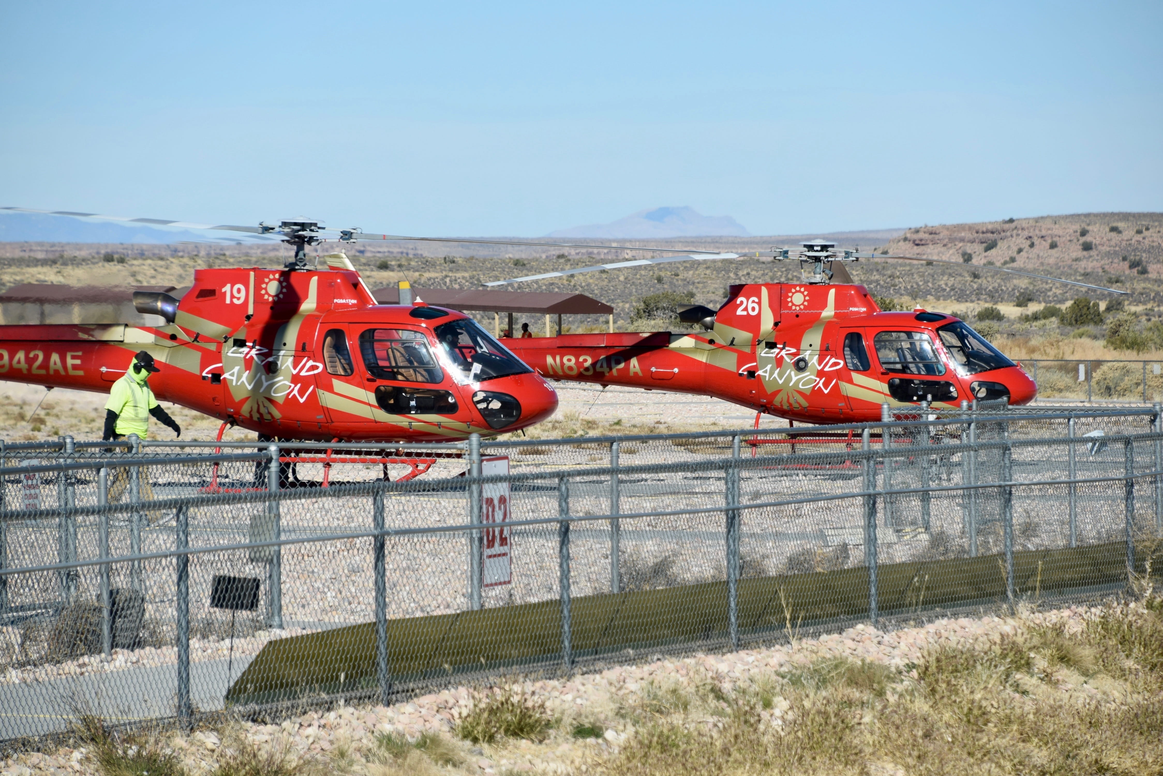 landscape, helicopters, rotors, nature, architecture, building exterior, no people, land vehicle, air vehicle, red, clear sky, fence, built structure, outdoors, HD Wallpaper