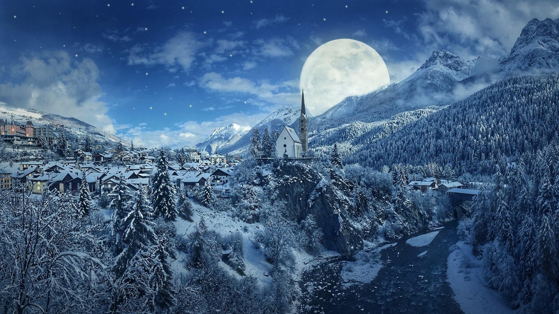 night sky, tranquil scene, mount scenery, winter, reflection, night, full moon, church, no people, architecture, moon, mountain, cloud - sky, cold temperature, HD Wallpaper