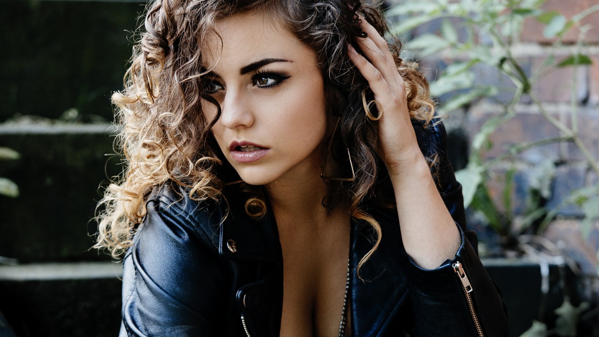 outdoors, beautiful woman, hair, pretty girl pics 1920x1080, young women, headshot, leisure activity, lifestyles, hairstyle, 1080P, young adult, leather, HD Wallpaper