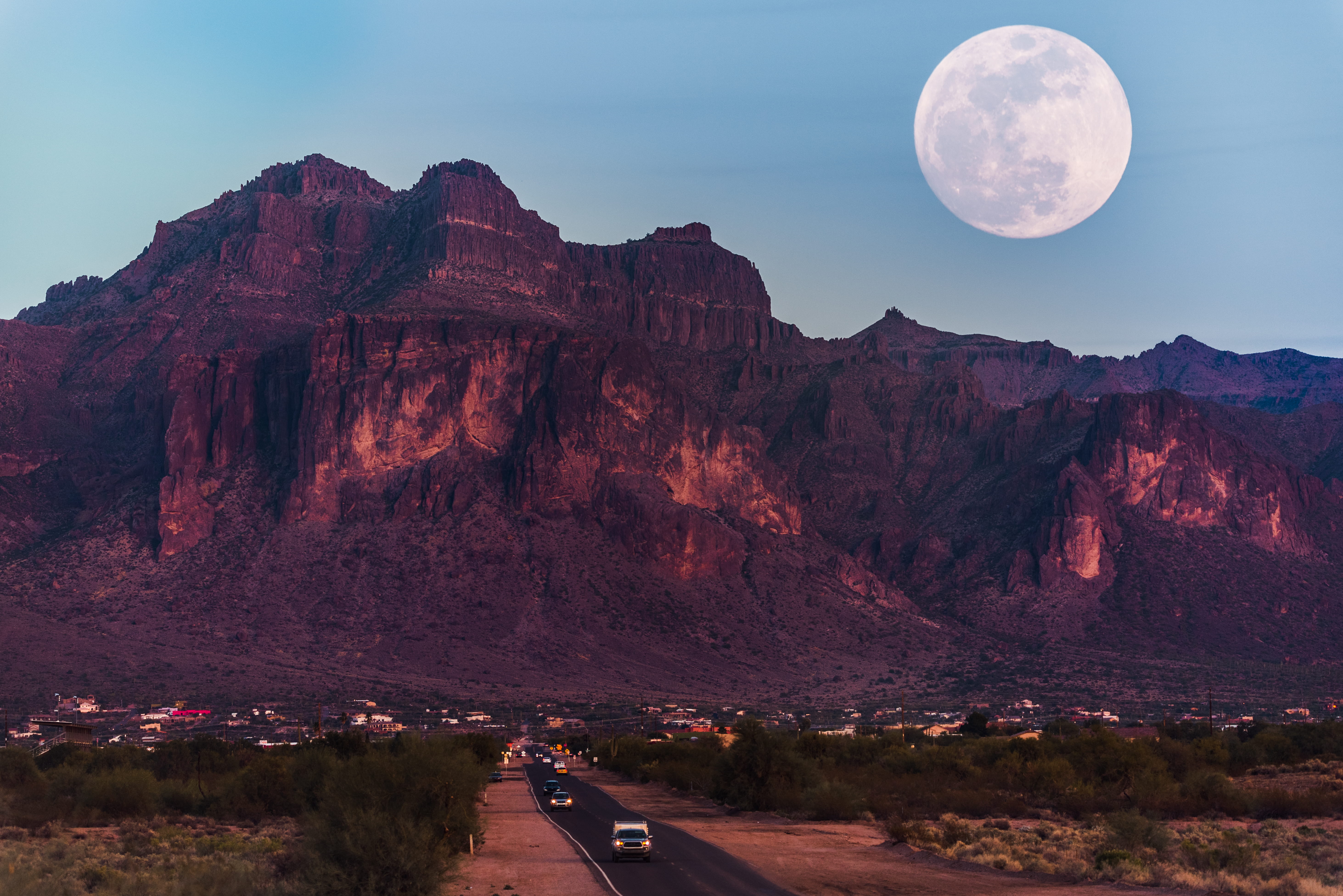 mountain, desert, 5K, scenics - nature, tranquility, rock - object, rock formation, supermoon, brown, sky, land, tranquil scene, blue, arid climate, astronomy, HD Wallpaper