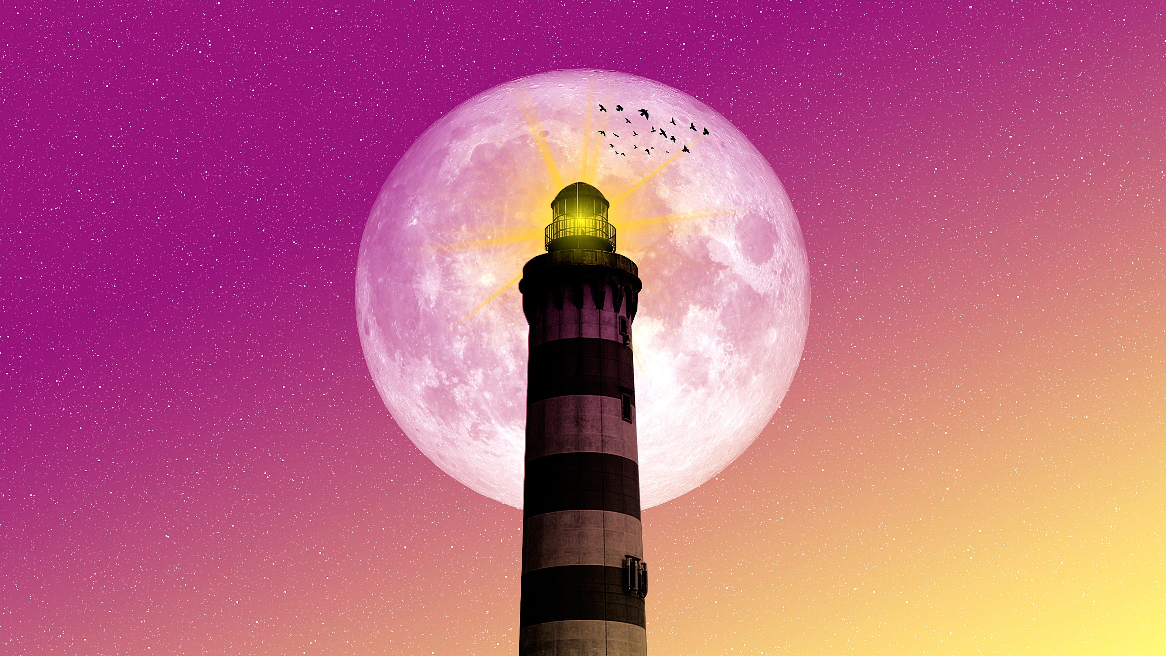 lighthouse, birds, 4K, moon, starry sky, supermoon, full moon, fantasy art, HD Wallpaper