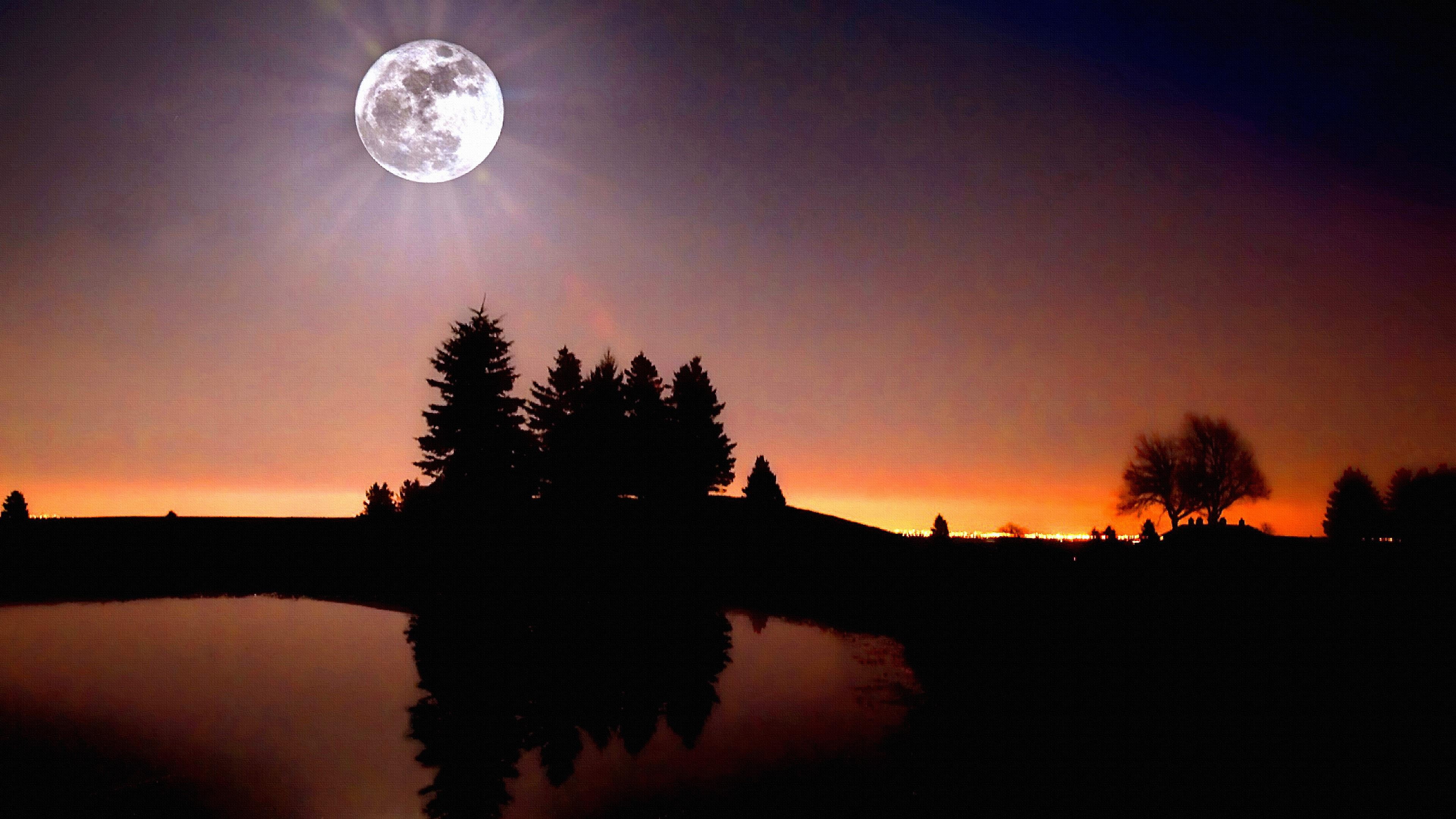 4K, tranquility, evening, phenomenon, dark, silhouette, tranquil scene, sky, sunset, trees, reflection, full moon, atmosphere, water reflection, beauty in nature, HD Wallpaper