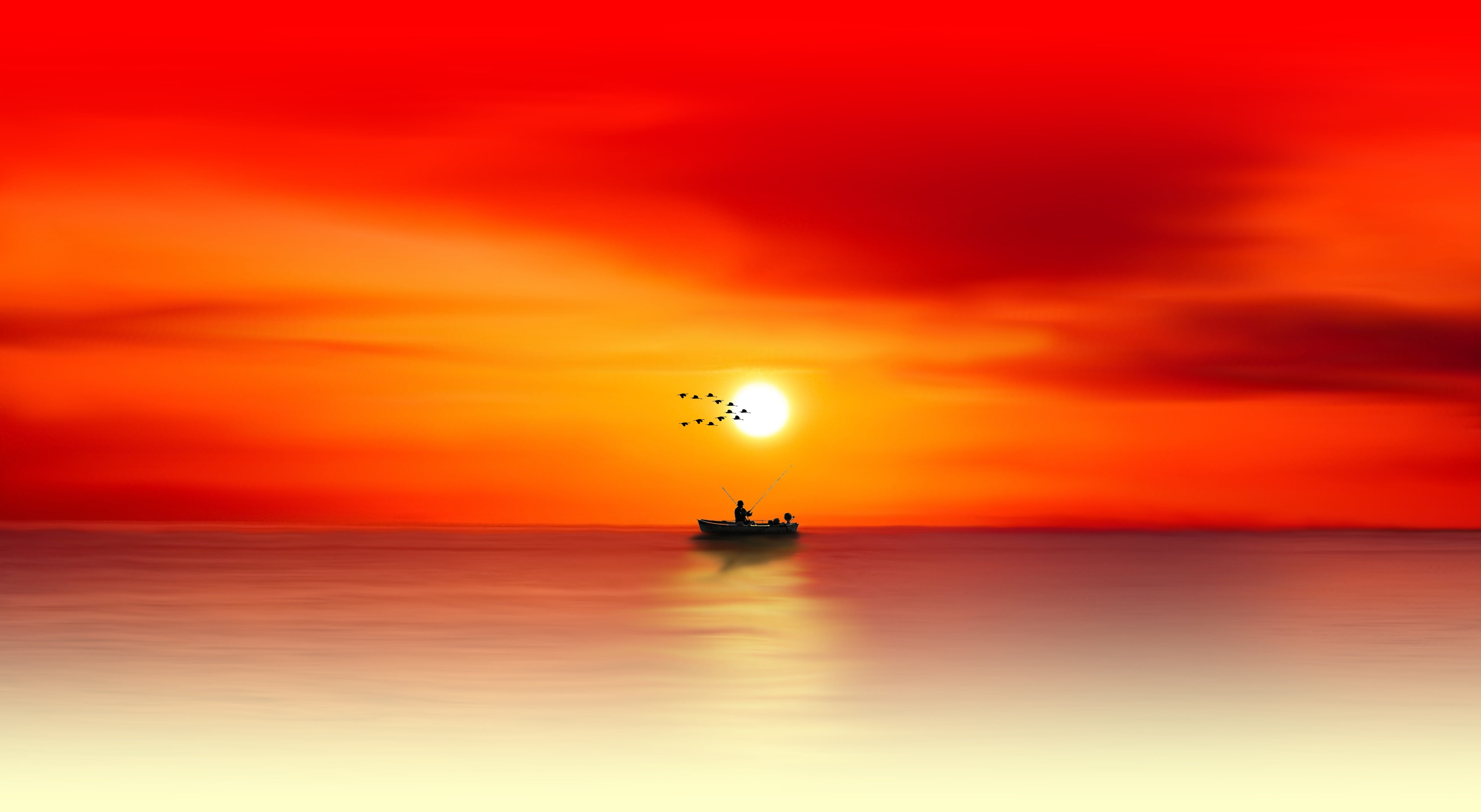 waters, reflection, no people, transportation, mood, tranquil scene, atmospheric, 4K, dawn, painting, beauty in nature, birds, evening, nature, orange color, HD Wallpaper