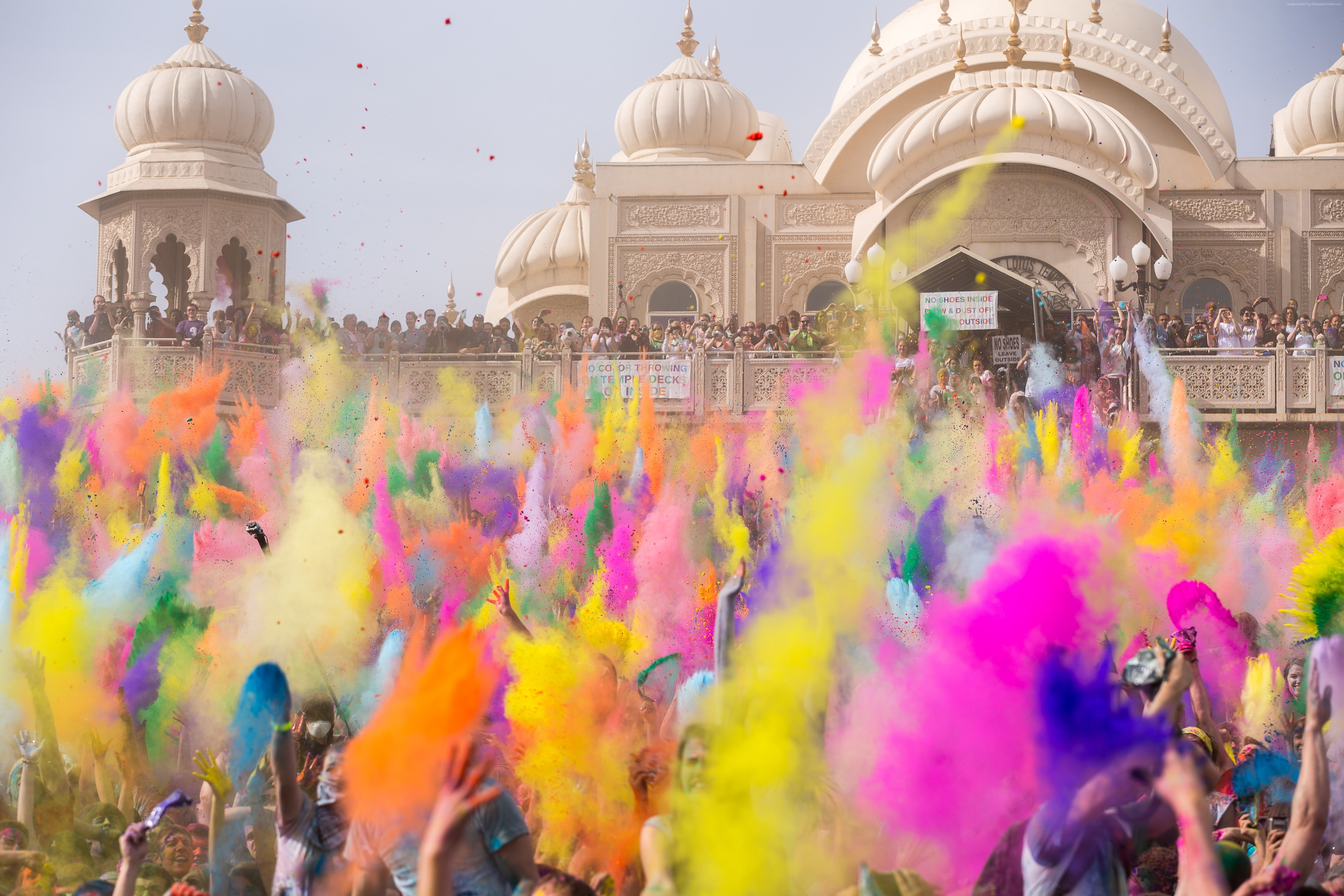 day, celebration, religion, life, colored powder, built structure, building exterior, place of worship, multi colored, spirituality, Indian holiday, group of people, HD Wallpaper