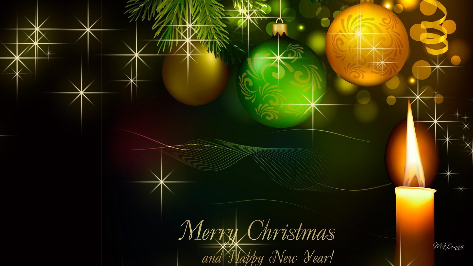 flame, year, light, feliz navidad, gold stars, bright, wish, new, glow, candle, christmas, 1080P, shining, decorations, green, gold, HD Wallpaper