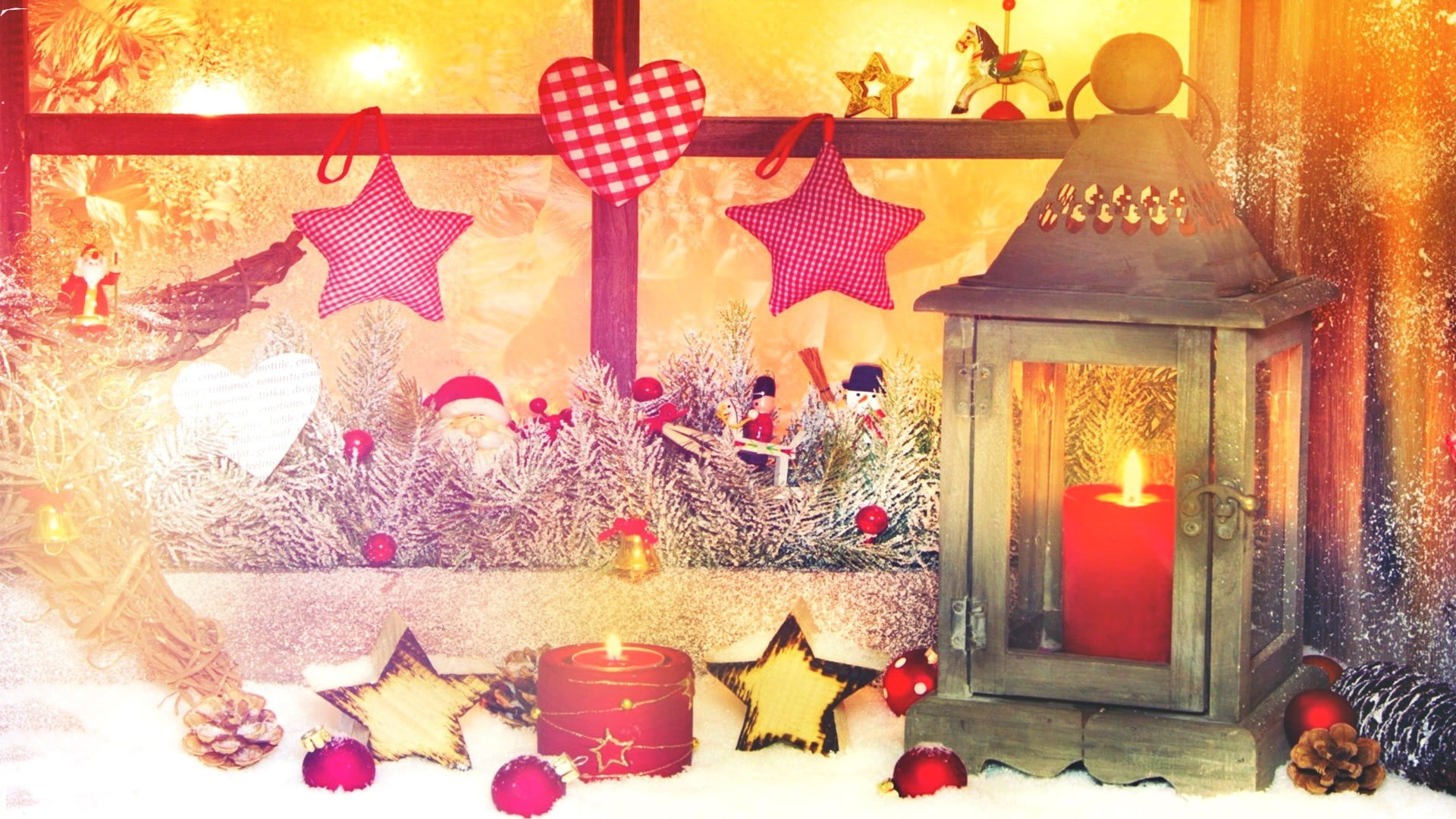 lantern, christmas tree, christmas ornament, New Year, spirituality, pink, 1080P, stars, chairs, fire, decoration, red, floral, candles, sofa, Christmas, HD Wallpaper