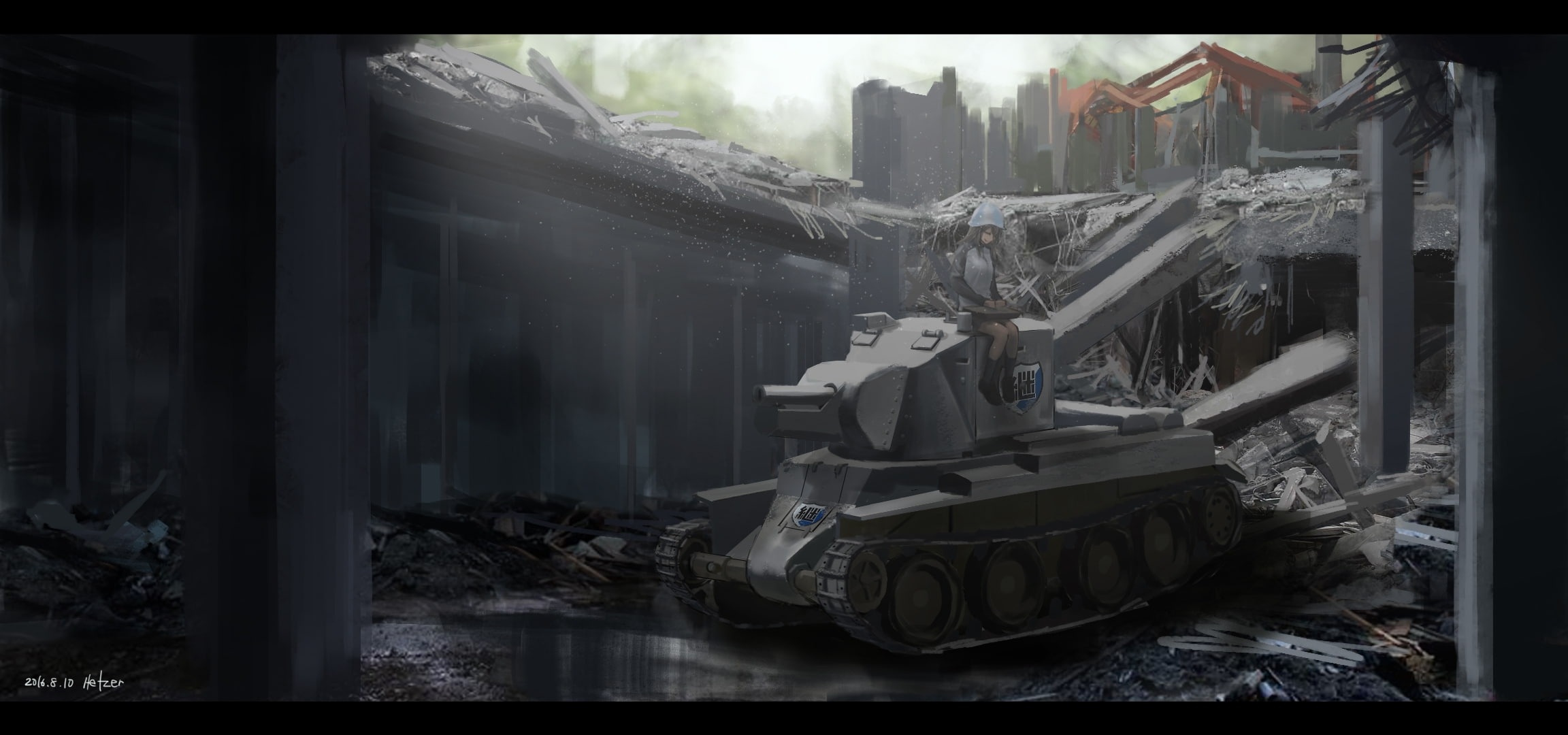 nature, battlefield, auto post production filter, built structure, building, building exterior, Anime, anime girl, sky, city, outdoors, mode of transportation, HD Wallpaper