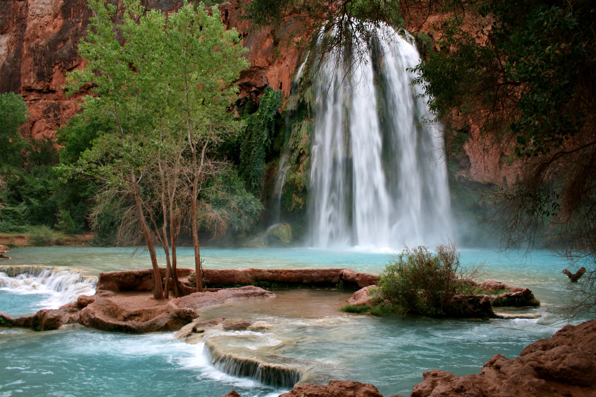 long exposure, motion, travel, rock - Object, mountain river, Havasupai Indian Reservation, rainforest, waterfall, uncultivated, scenics, nature, leaf, HD Wallpaper