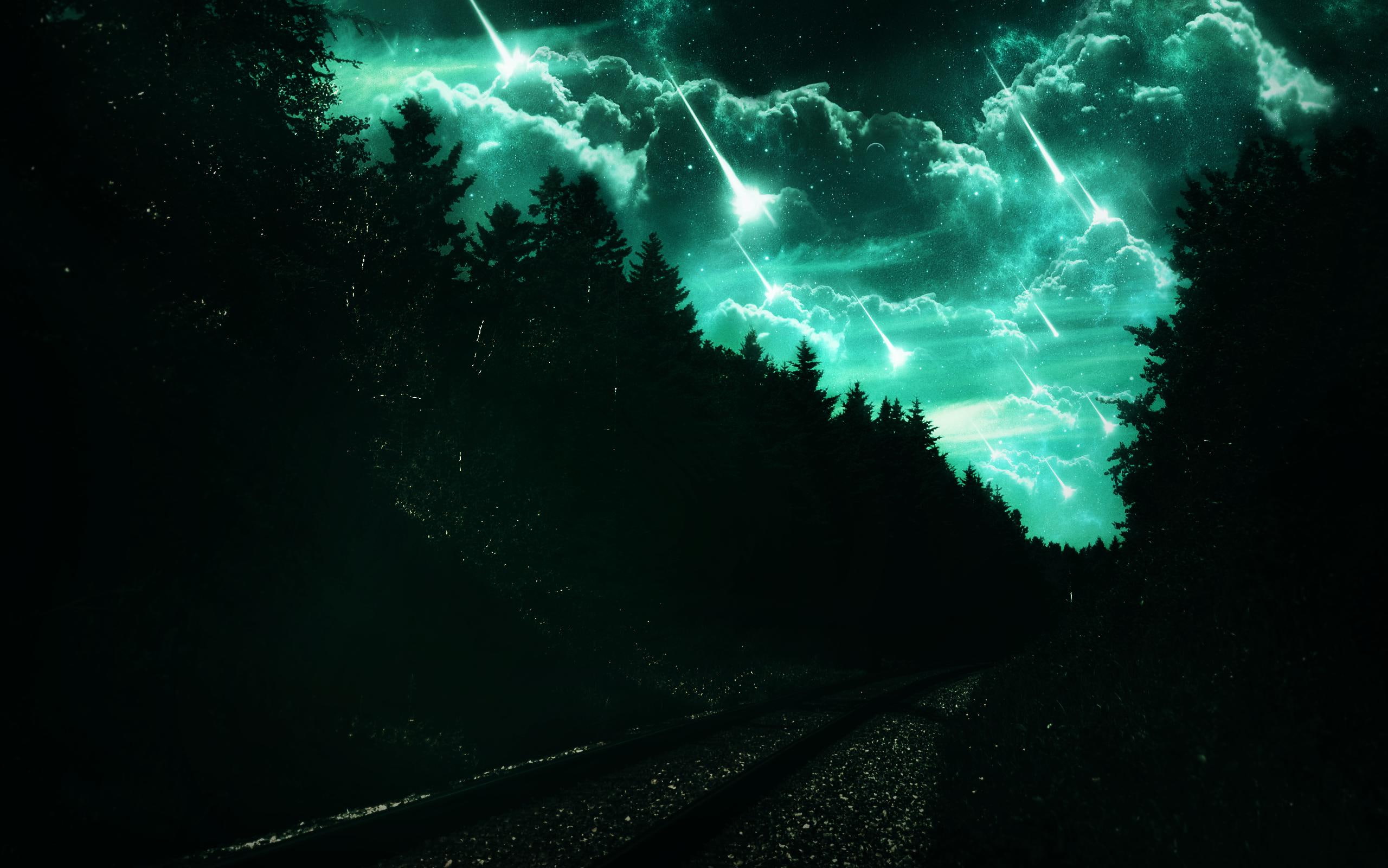 cities, structures, falling, stars, scenery, 2K, dark track, track, landscapes, green, dark, HD Wallpaper