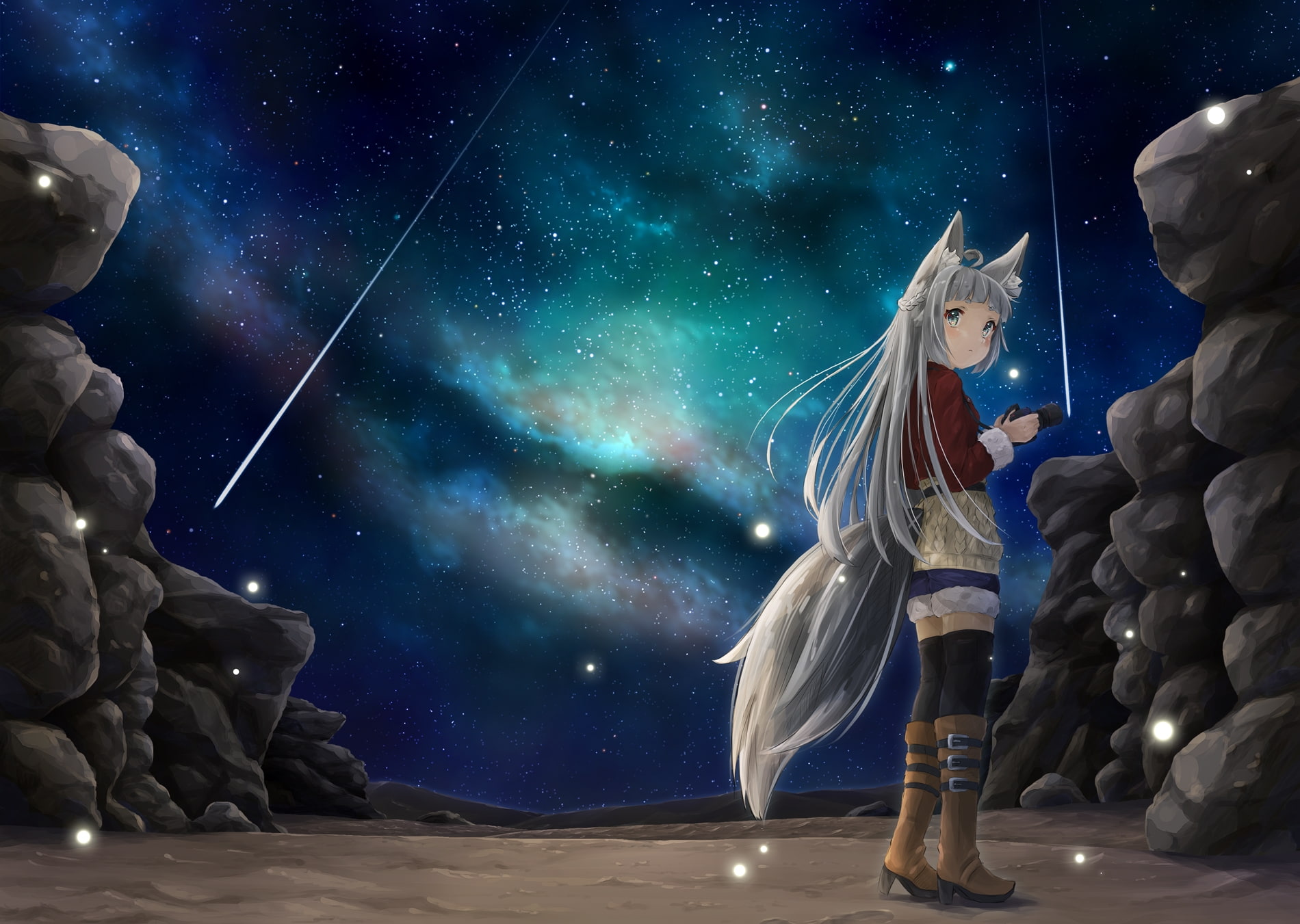 star, star - space, architecture, digital composite, Anime, tail, astronomy, animal ears, sphere, nature, falling stars, beauty in nature, full length, HD Wallpaper
