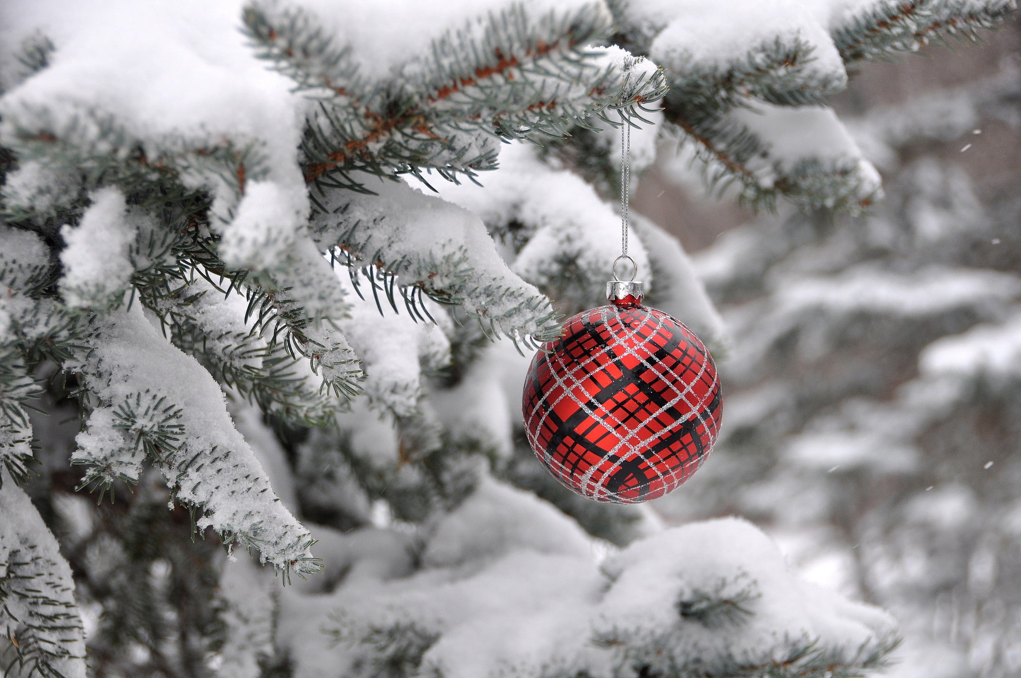 Christmas, ball, winter, New Year, decoration, 1080P, tree, fir, HD Wallpaper