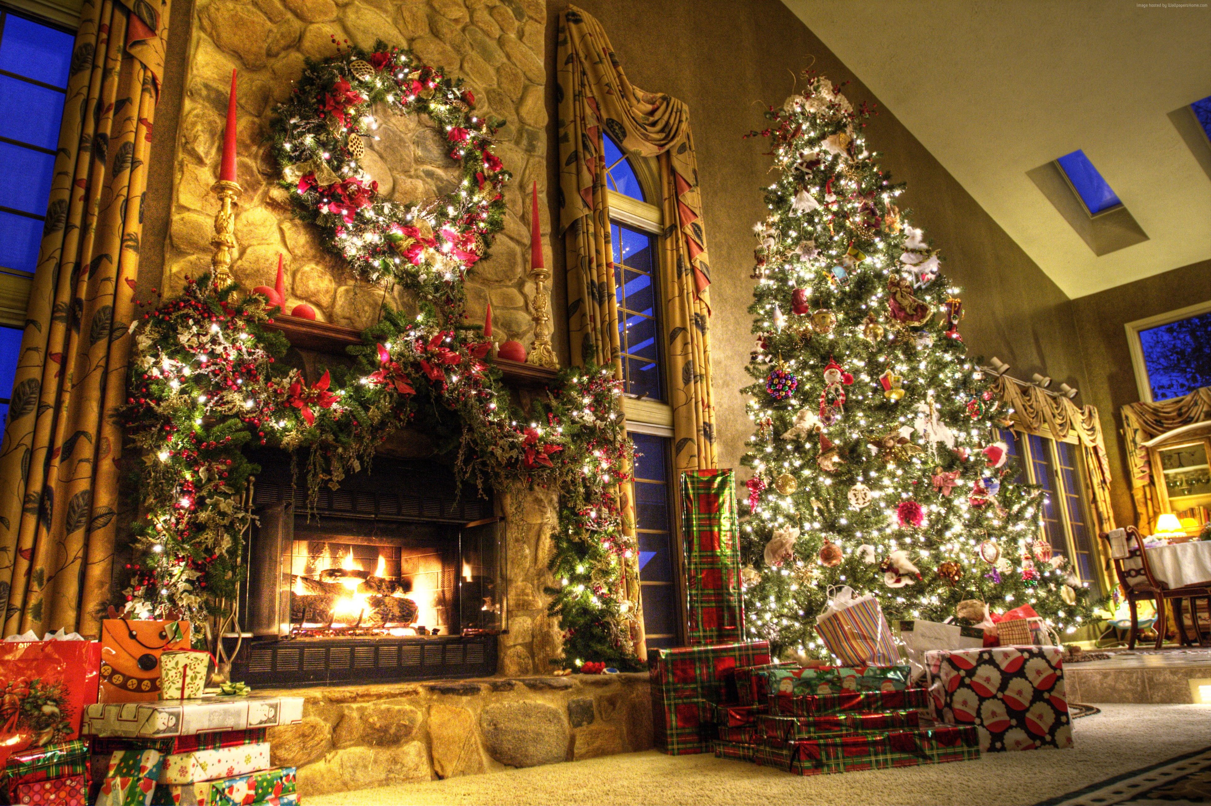 decor, gifts, fir-tree, lights, new year, 4K, room, fire, fireplace, HD Wallpaper