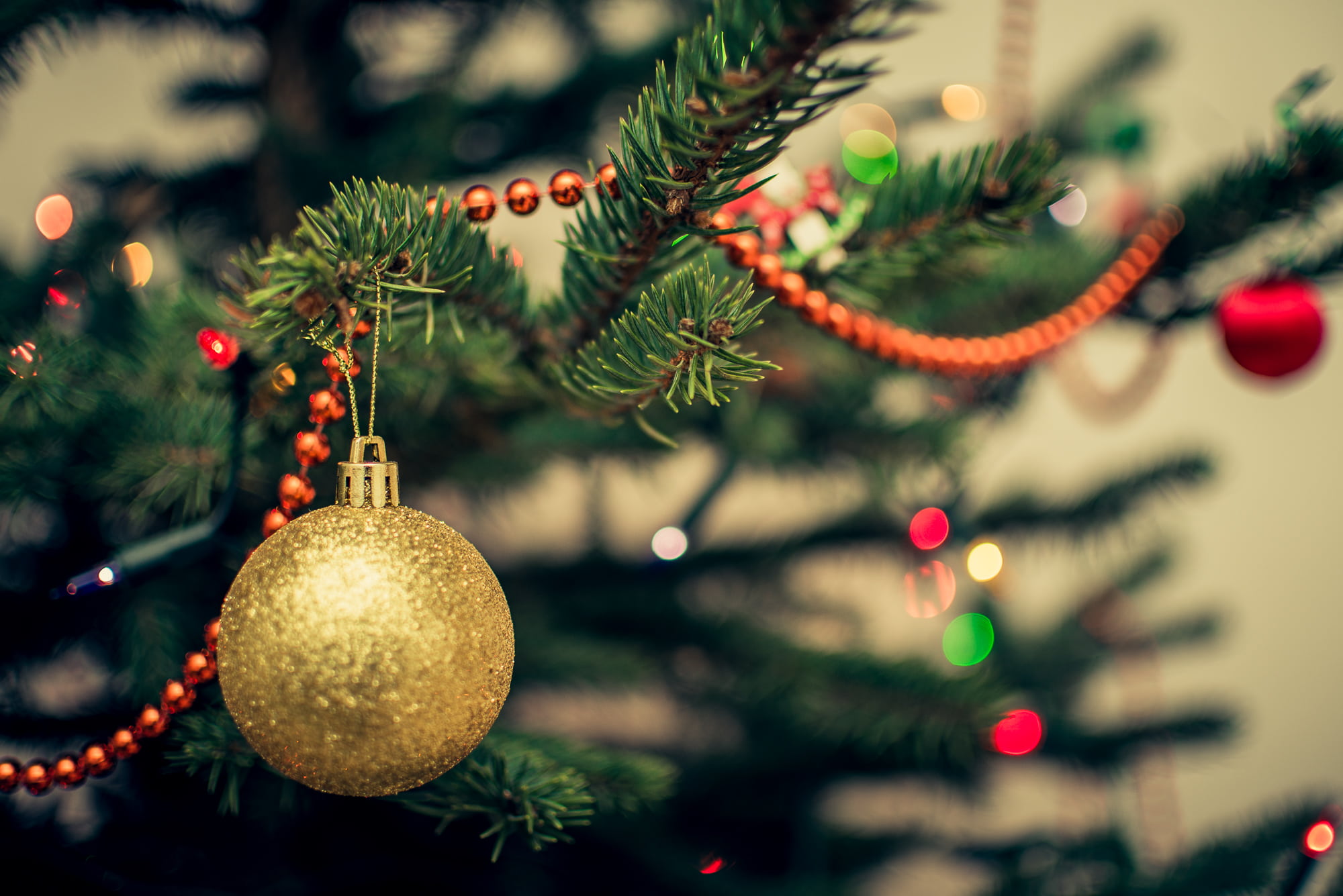 blur, no people, christmas, plant, decoration, holiday - event, hanging, fir tree, tree, close-up, fir, tinsel, ball, shining, gold, christmas Ornament, HD Wallpaper
