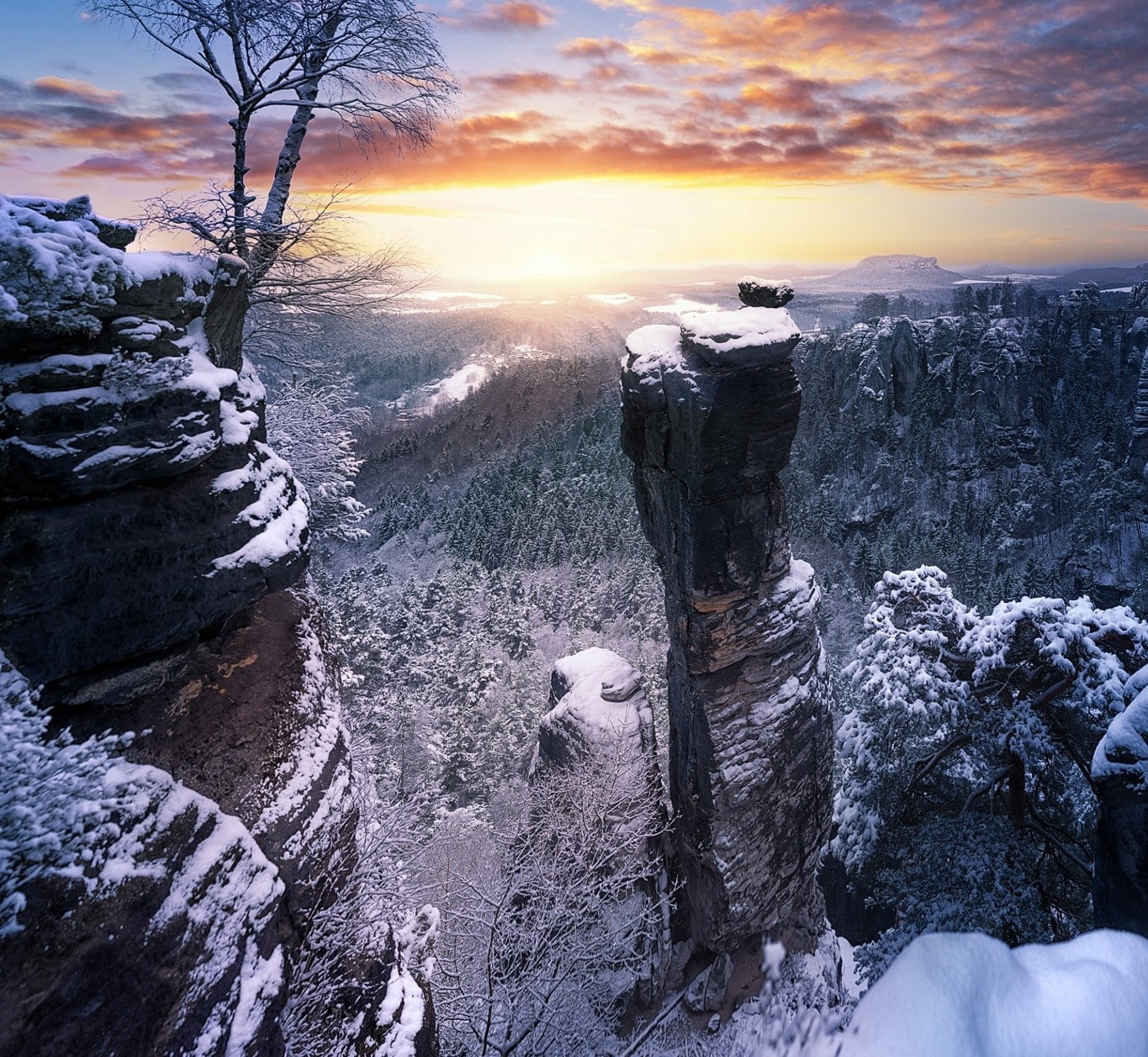 sky, rock, idyllic, tree, snowcapped mountain, solid, frozen, orange color, cloud - sky, cliff, plant, 720P, Germany, non-urban scene, tranquility, snow, HD Wallpaper