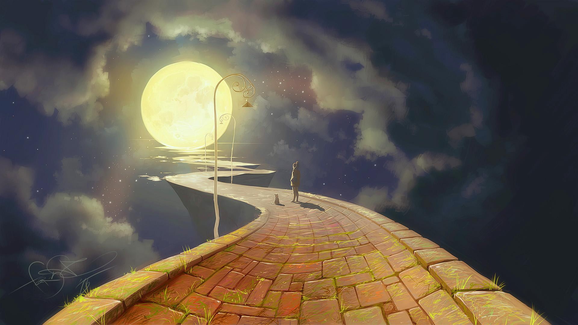 1080P, light, path, moon, night, art, 1920x1080, HD Wallpaper