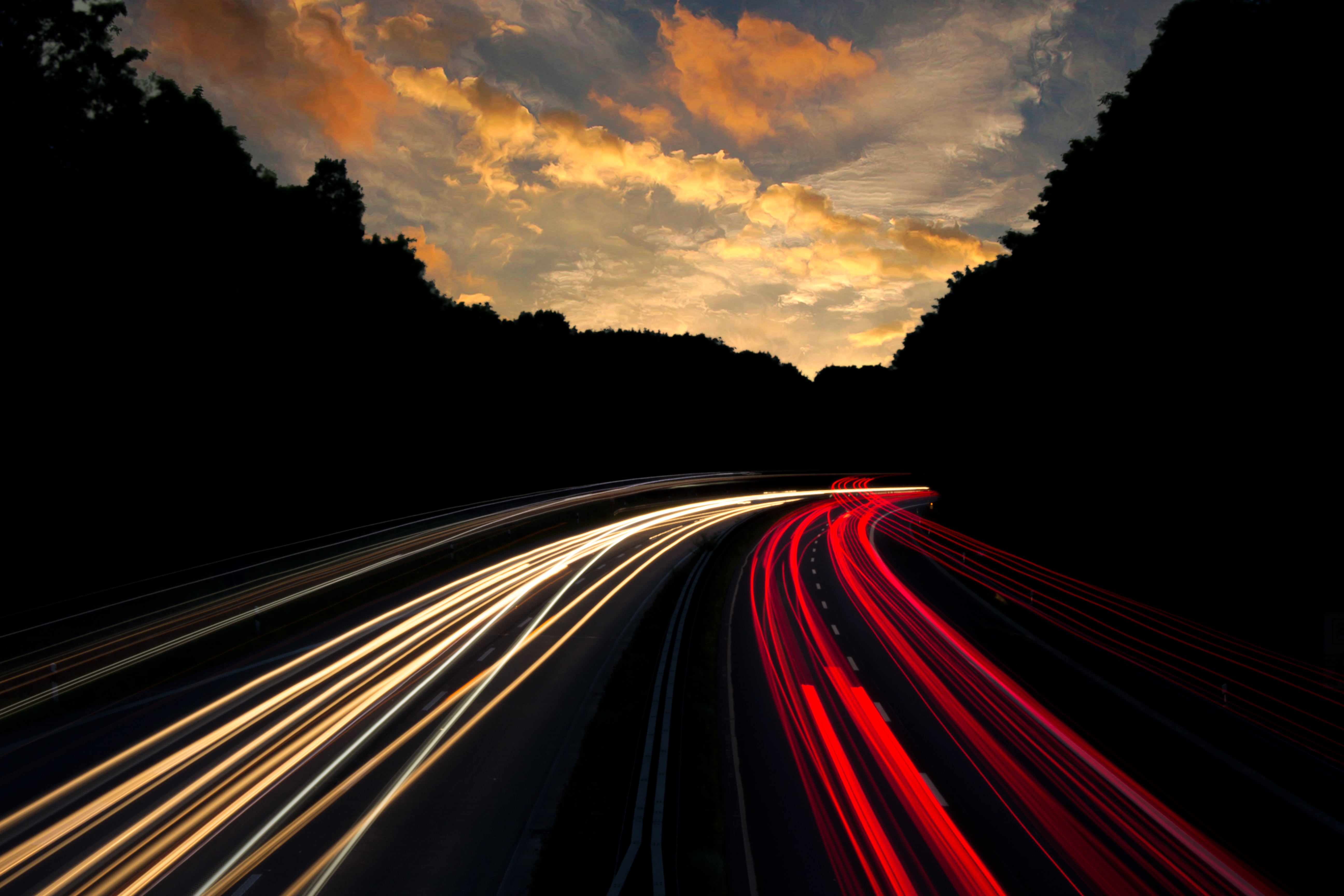 dark, cloud - sky, nigh, light, trees, low, photography, road, direction, silhouette, the way forward, sunset, yellow, red, cloudy, sky, exposure, blurred motion, HD Wallpaper