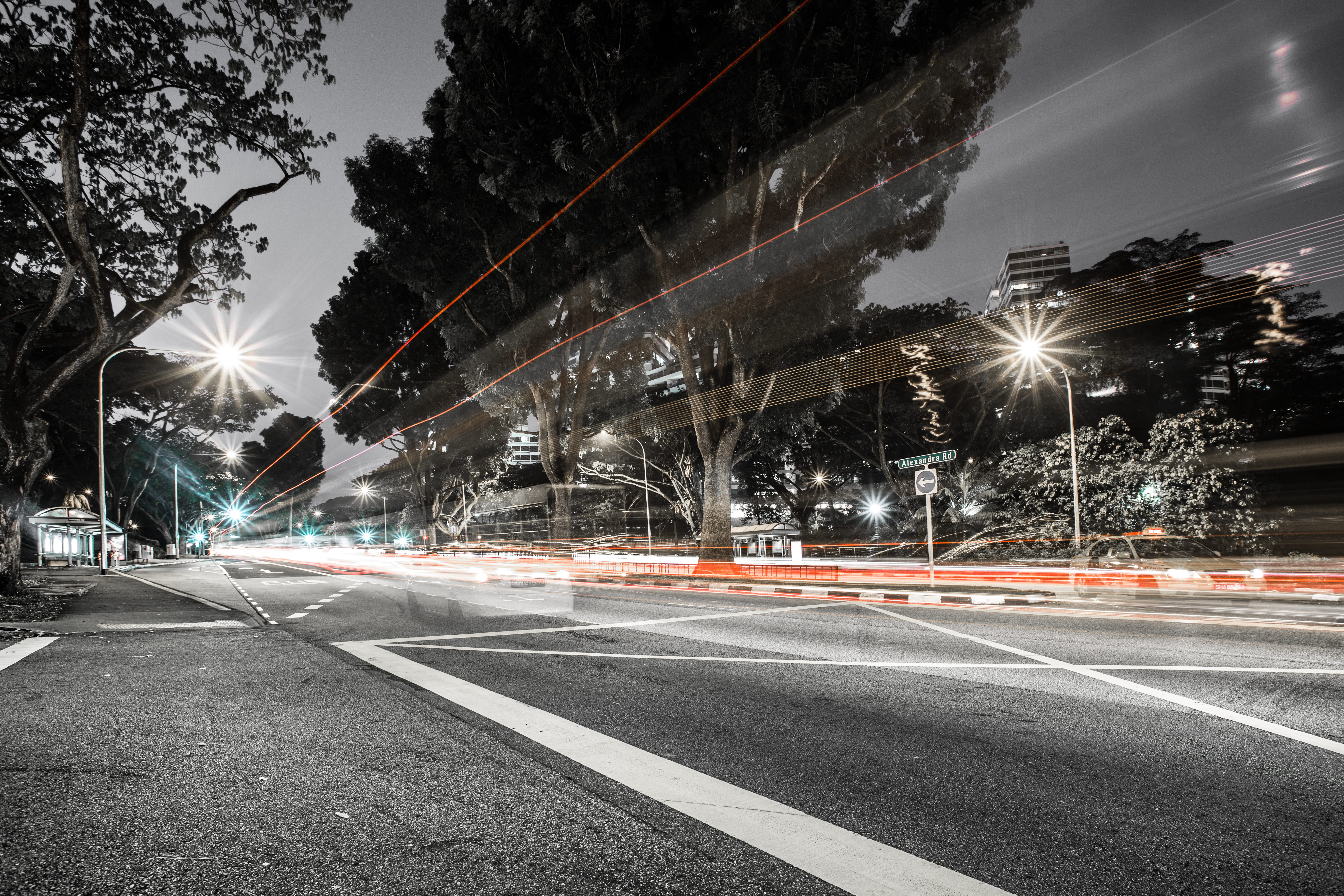 car, cars, city street, building exterior, outdoors, long exposure, architecture, city, marking, urban Scene, night, symbol, post, time, mode of transportation, HD Wallpaper