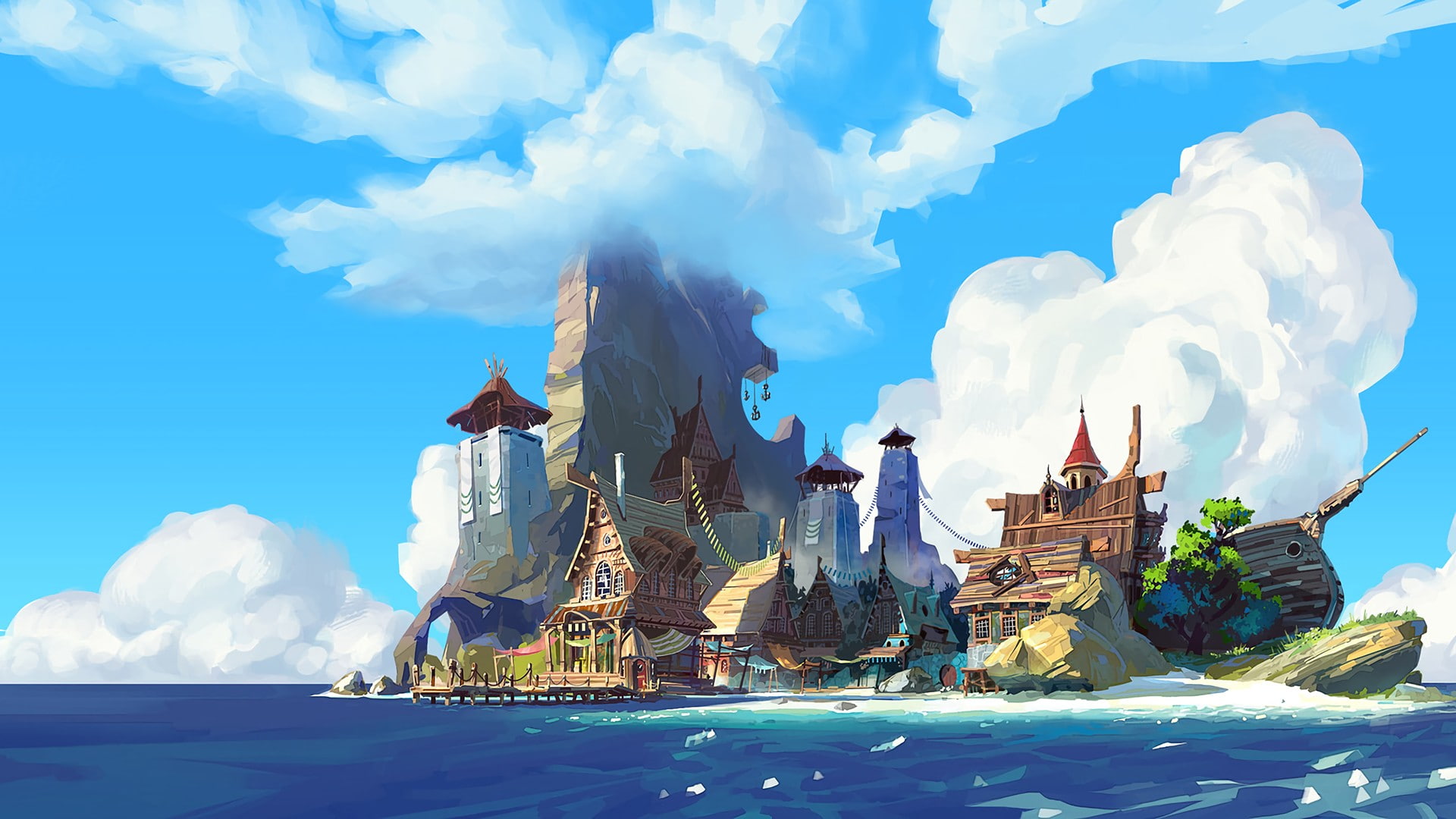 hd, px, x, digital art, 1920x1080 px, digital, catoon, water, 1080P, art, anime, ISLAND, HD Wallpaper