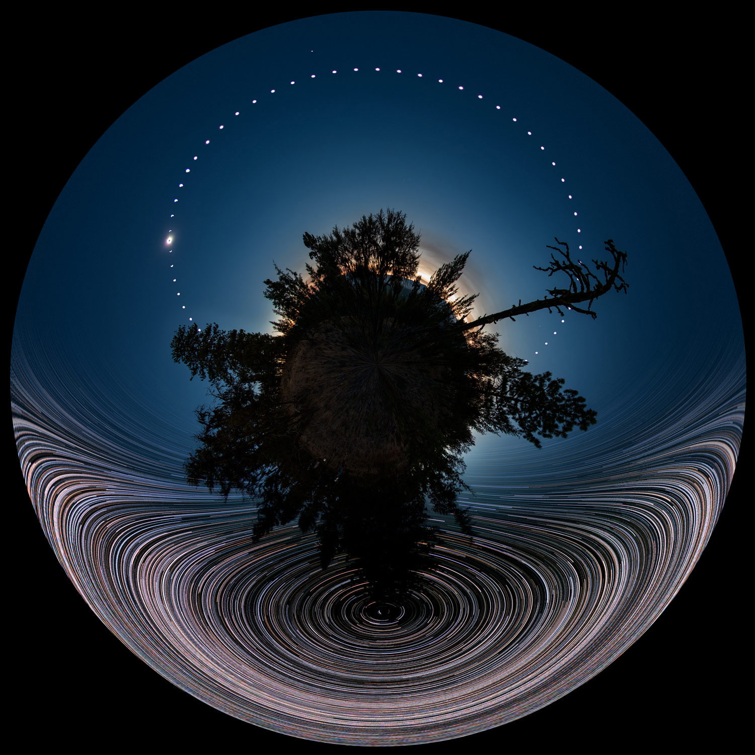720P, Distortion, Long Exposure, solar eclipse, sphere, stars, Trees, Clear Sky, space, sun, universe, Panoramic Sphere, black background, Phone HD Wallpaper