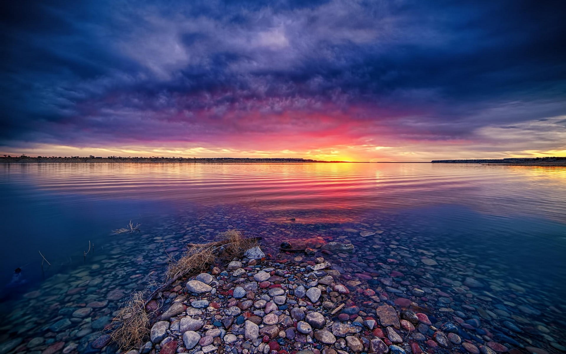 stone, 1080P, body, sunset, outdoors, pink, solid, nature, rock, land, sky, horizon over water, lake, tranquility, yellow, beauty in nature, blue, beach, HD Wallpaper