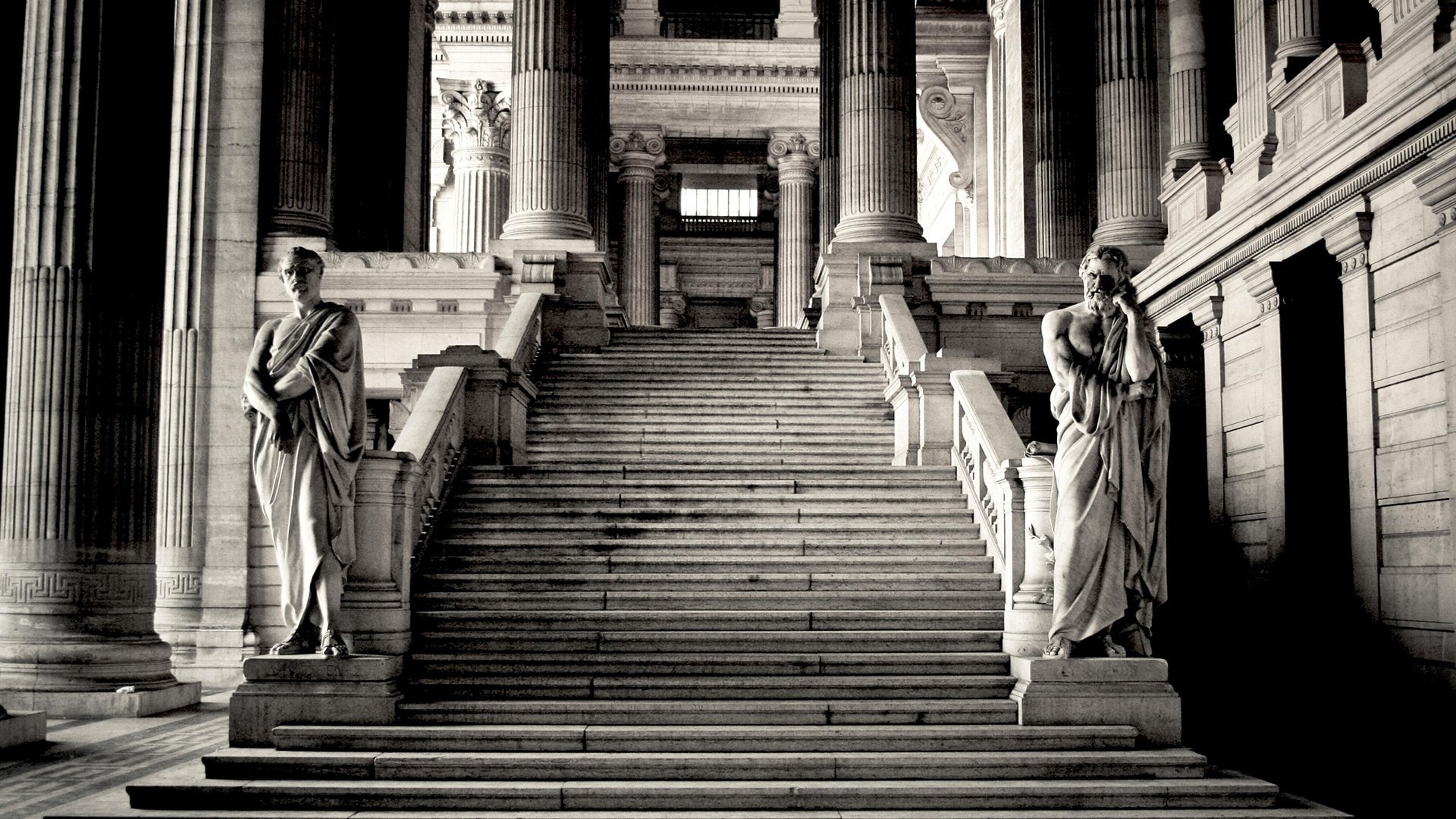 x, 1920x1080 px, building, Brussels, monochrome, hd, 1080P, art, statue, stairs, px, Belgium, architecture, HD Wallpaper