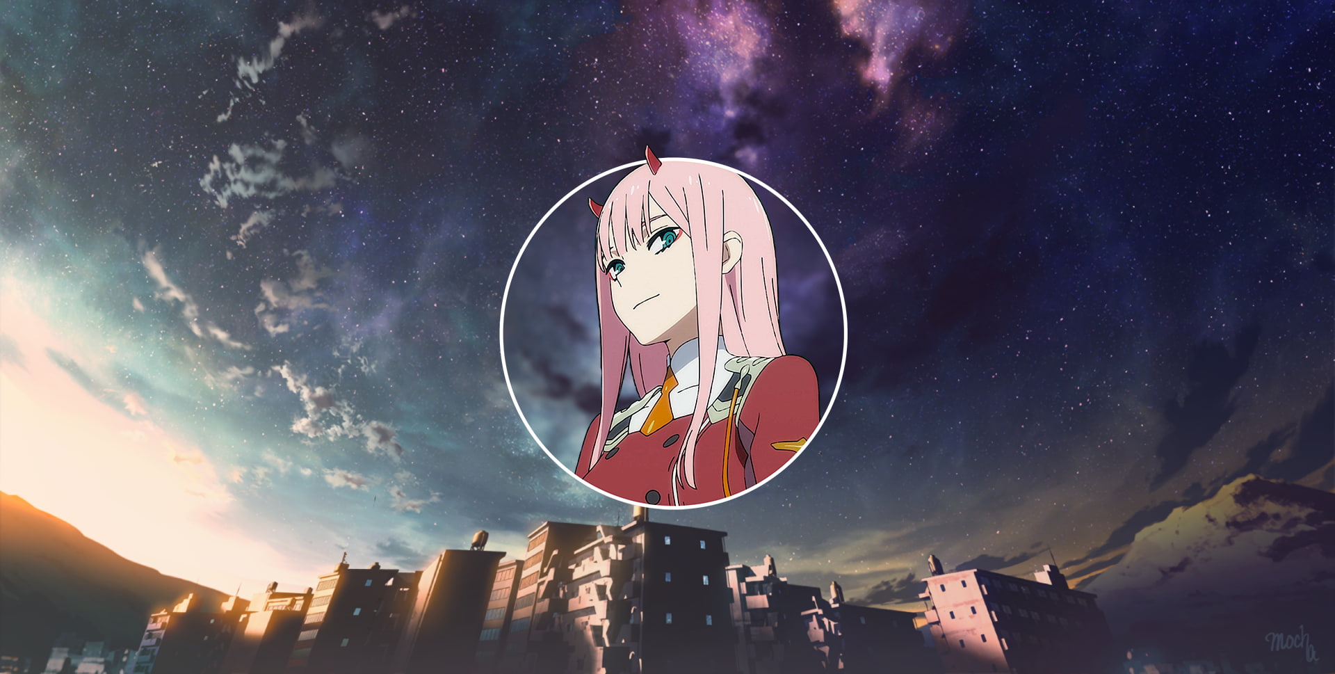 long hair, anime girls, pink hair, cityscape, stars, anime, picture-in-picture, Darling in the FranXX, 1080P, clouds, Zero Two (Darling in the FranXX), HD Wallpaper