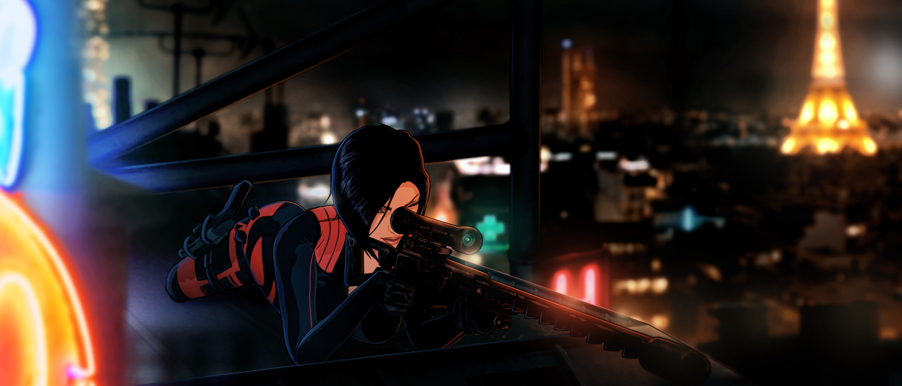 2K, sniper rifle, Fear Effect, weapons, Hana Tsu-Vachel, night, roof, Paris, woman, sniper, HD Wallpaper