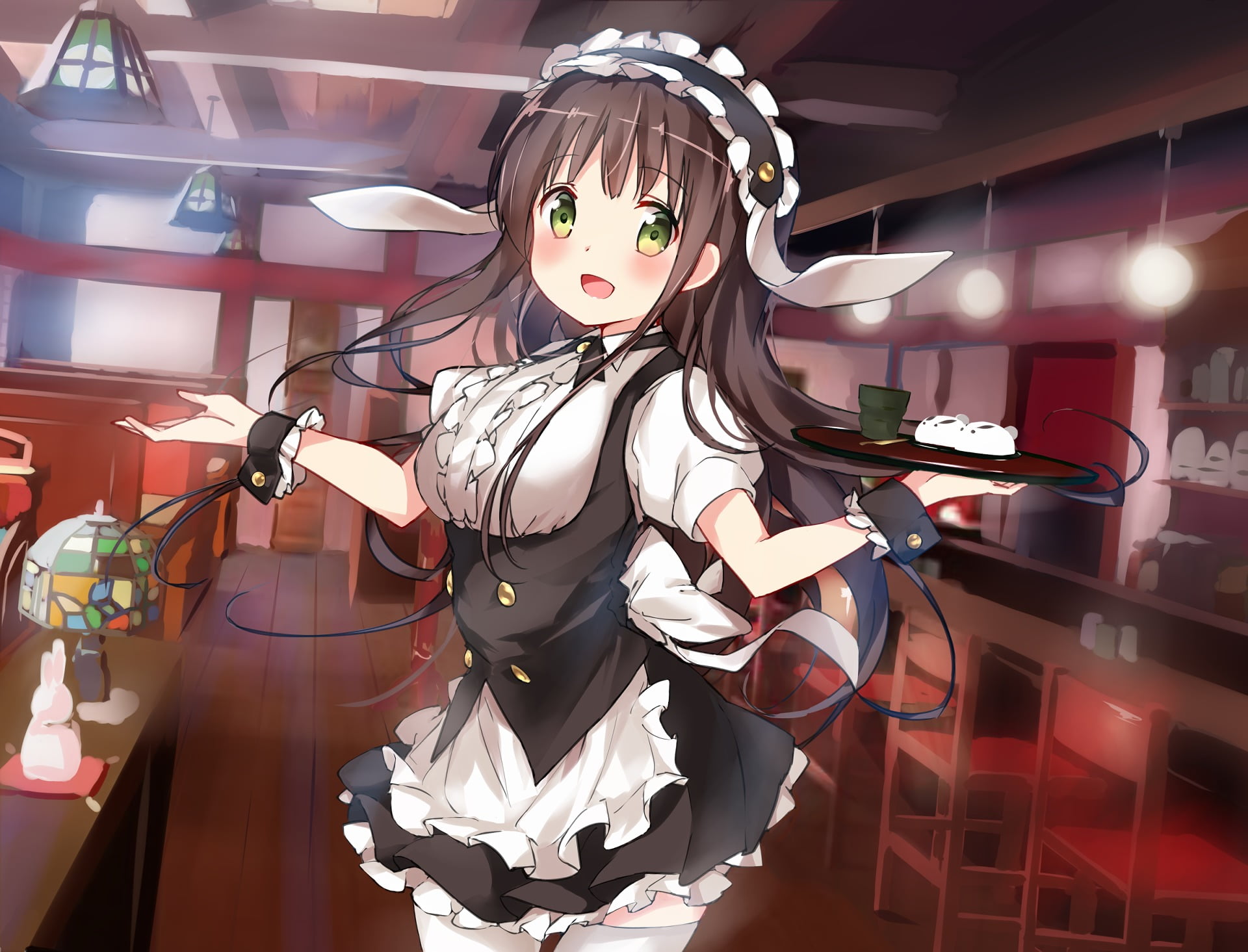 illuminated, maid, Gochuumon wa Usagi Desu ka?, haired, green eyes, disguise, one person, female, real people, festival, built structure, representation, HD Wallpaper