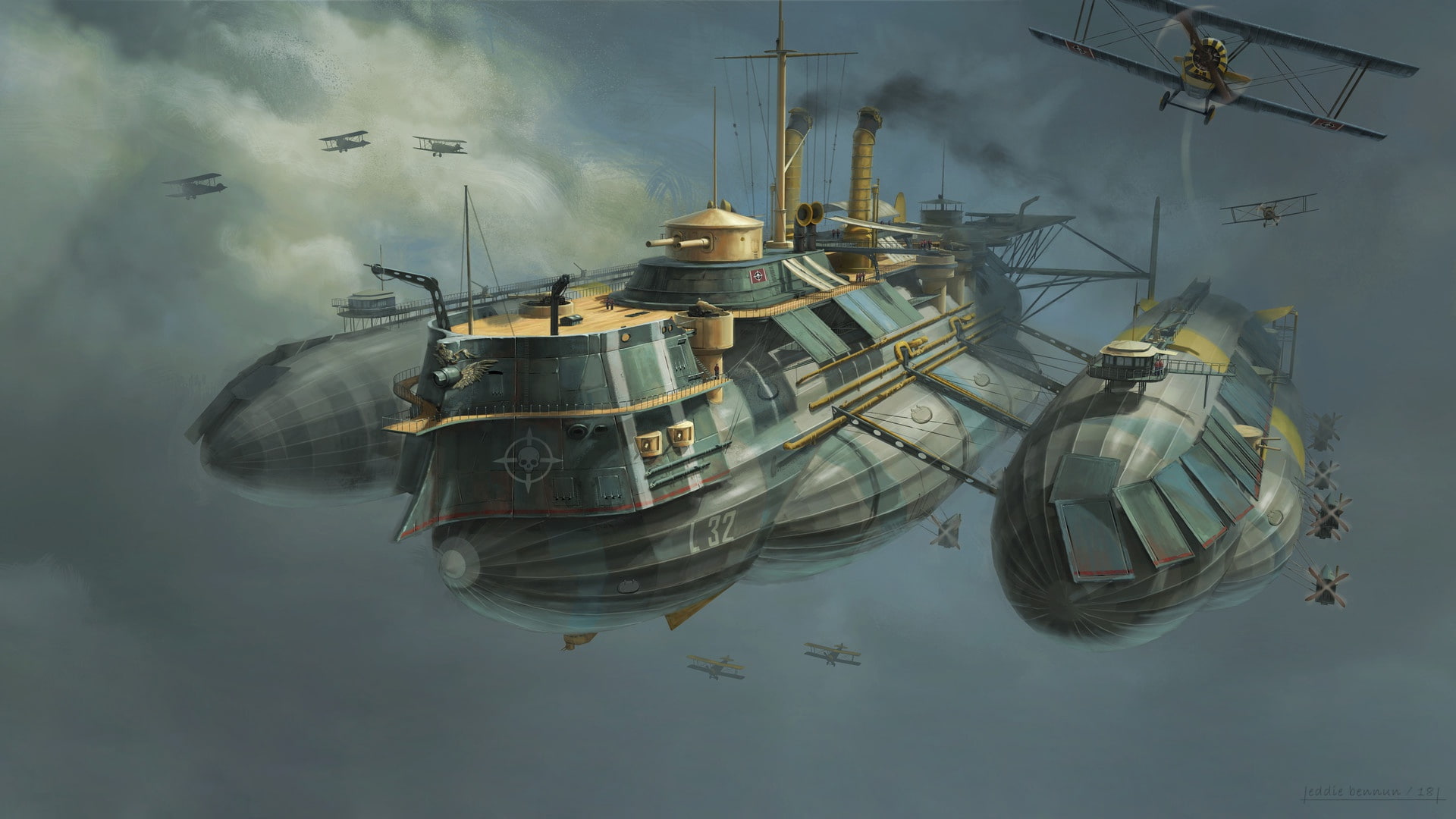 1080P, Flying Ironclad, Concept Art, Figure, by Eddie Bennun, Air Ship, Aircraft, Art, Ilustration, The ship, Fiction, Eddie Bennun, WW1, HD Wallpaper