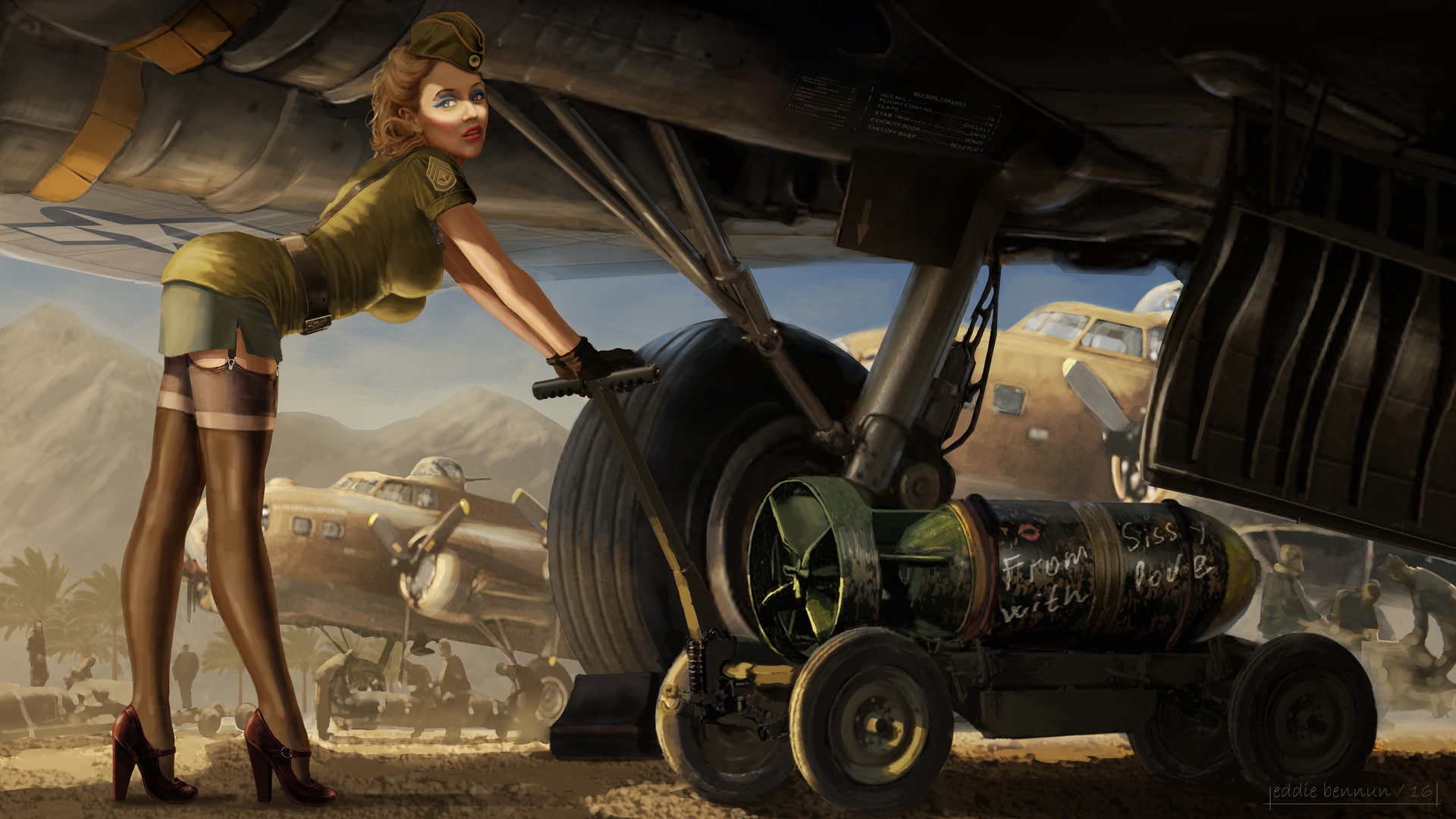 Sissy, by Eddie Bennun, Aviatrix, 1080P, From Sissy with Love, Bomb, The plane, Girl, Figure, Art, Eddie Bennun, Download, HD Wallpaper