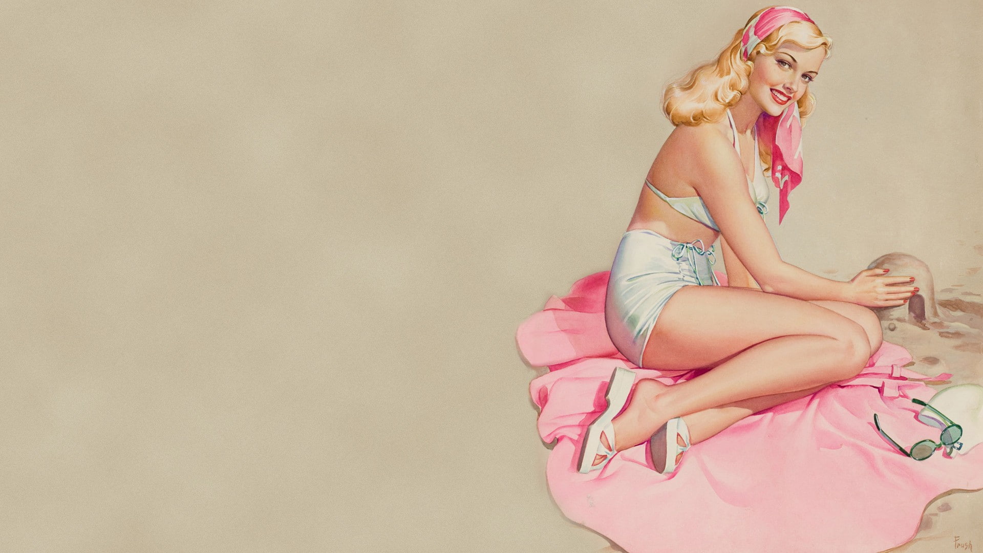 pink color, hairstyle, sitting, relaxation, 1080P, young women, portrait, one person, artwork, young adult, beauty, blond hair, happiness, drawing, pinup models, HD Wallpaper