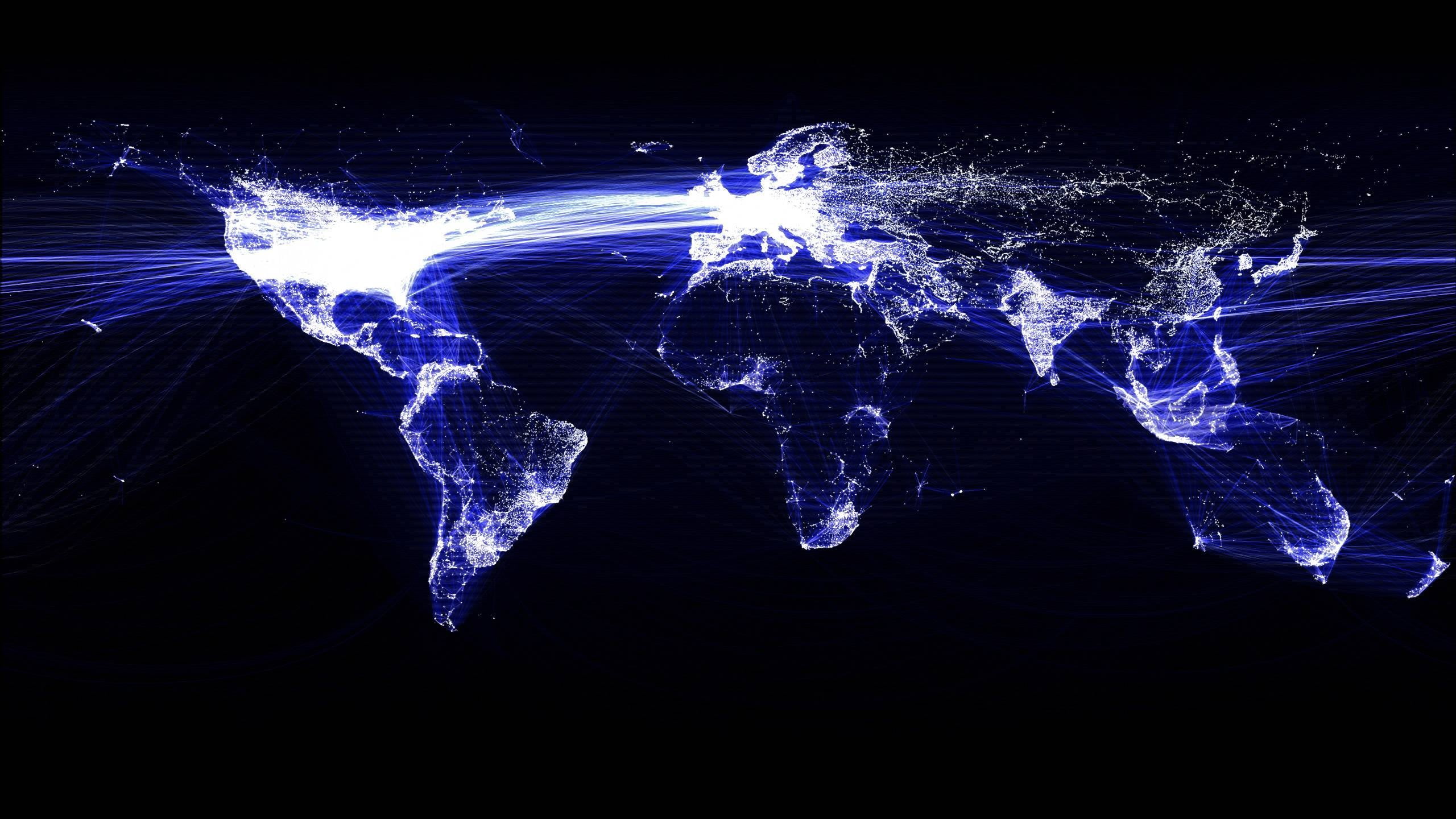 motion, no people, 2K, sea, illuminated, world, night, airplane, abstract, painting, nature, black color, black background, blue, blurred motion, light trail, HD Wallpaper