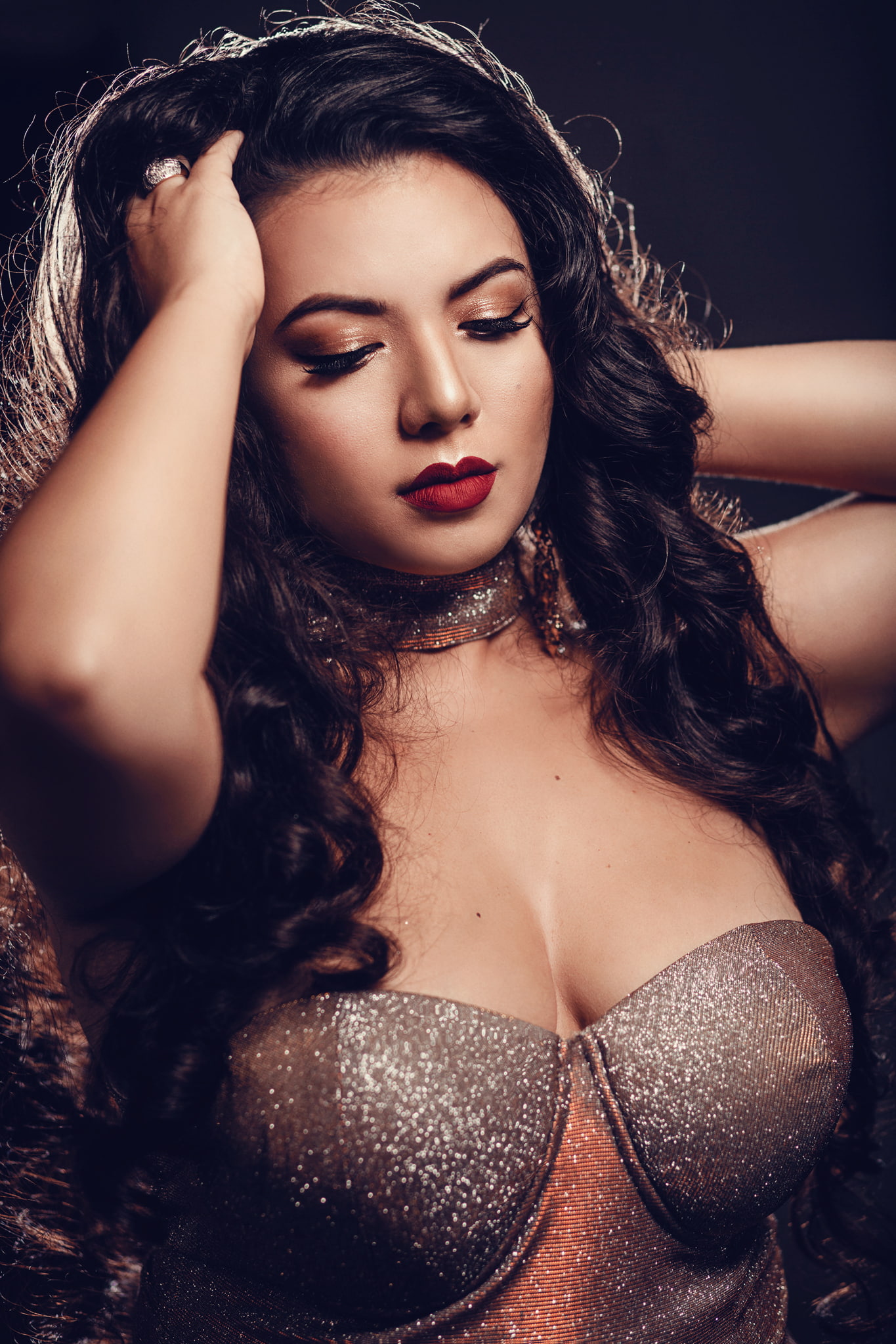 hands in hair, cleavage, fake eyelashes, simple background, red lipstick, women, portrait display, 1080P, long hair, choker, brunette, model, rings, Phone HD Wallpaper