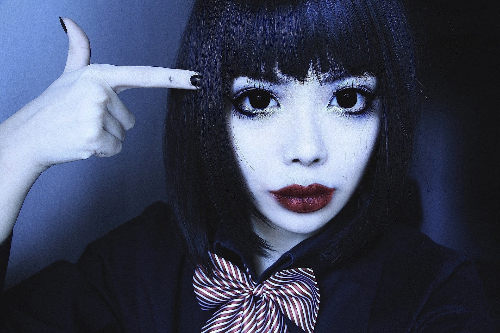 1080P, Asian, face paint, model, hand gesture, women, black hair, red lipstick, fake iris, HD Wallpaper
