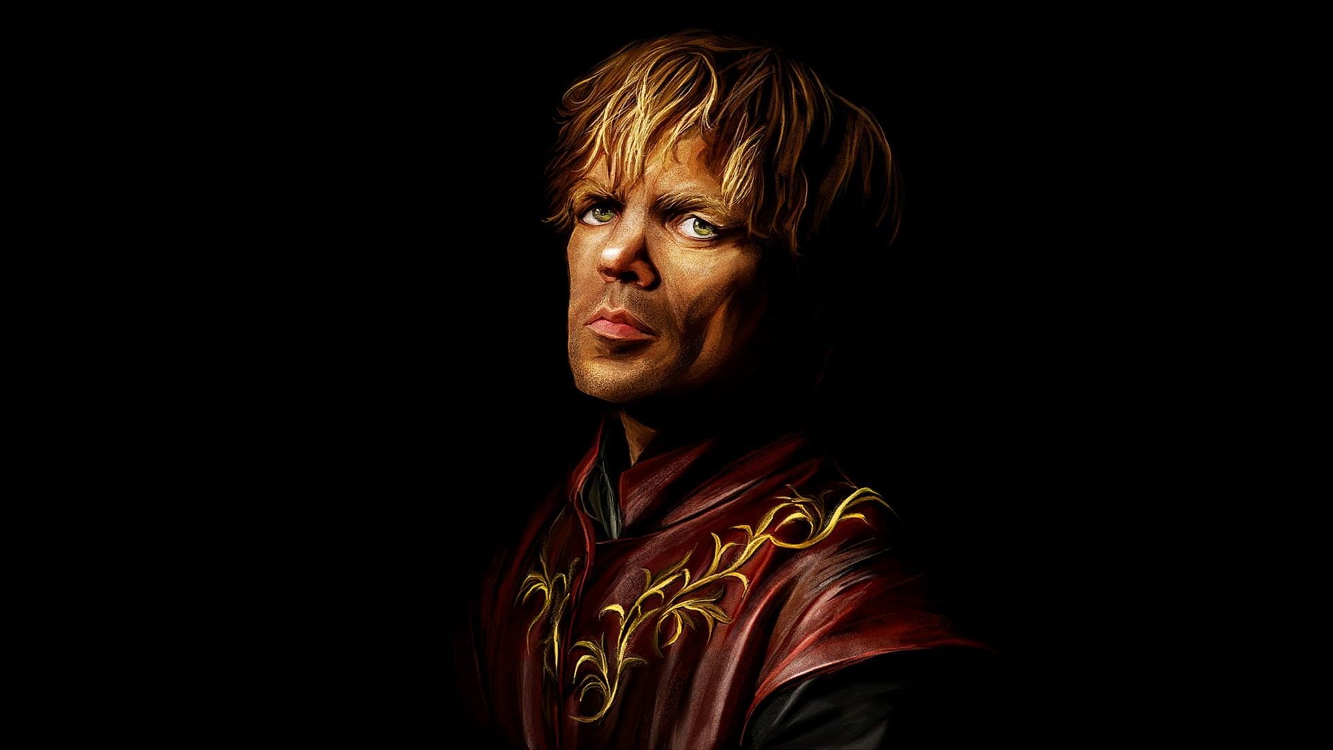 portrait, front view, brown, pattern, adult, 1080P, Tyrion Lannister, men, cut out, looking, black background, top, studio shot, looking at camera, red, HD Wallpaper