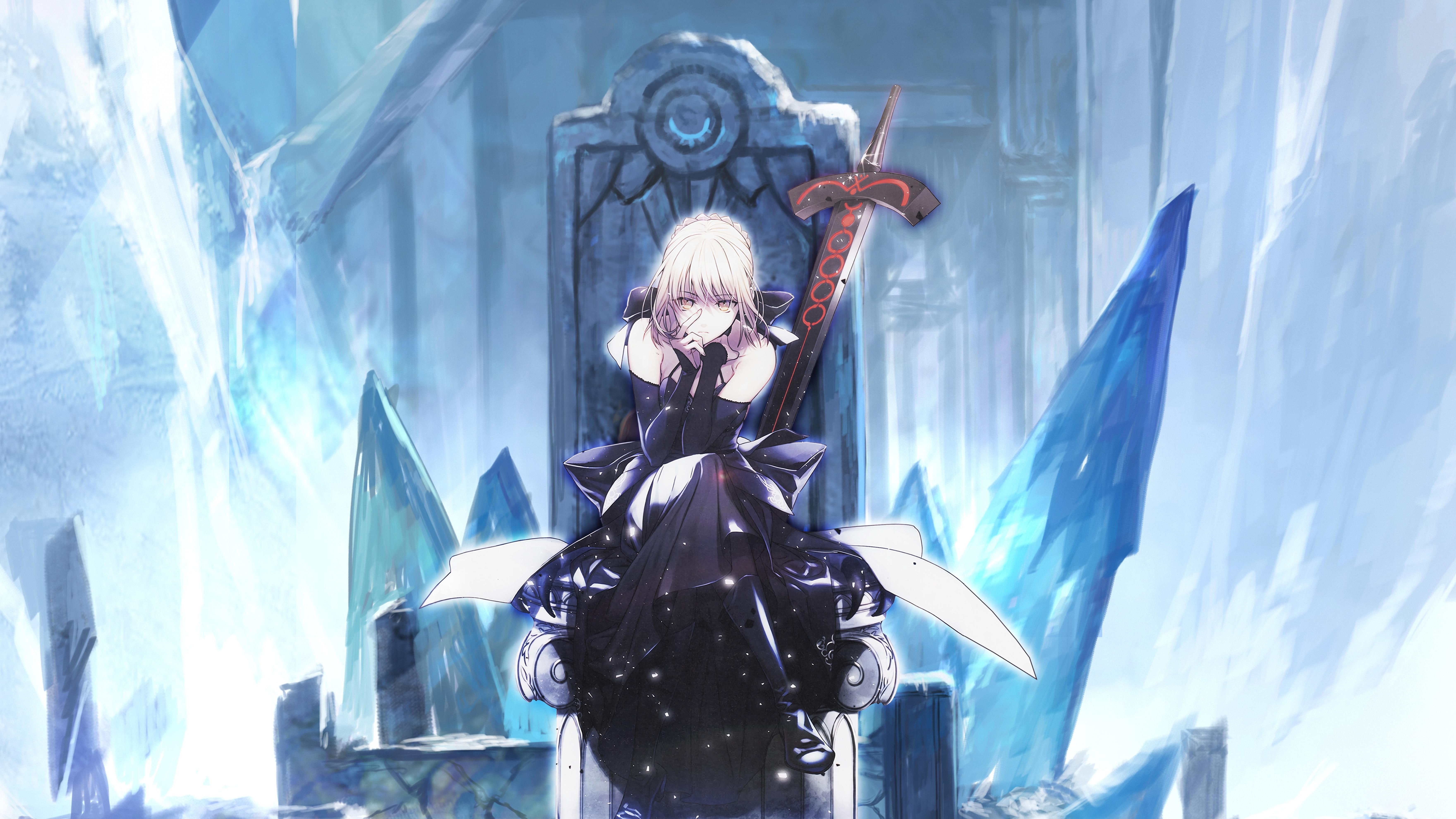 fate stay night, majestic, throne, 5K, black dress, saber, Anime, cool, sword, HD Wallpaper