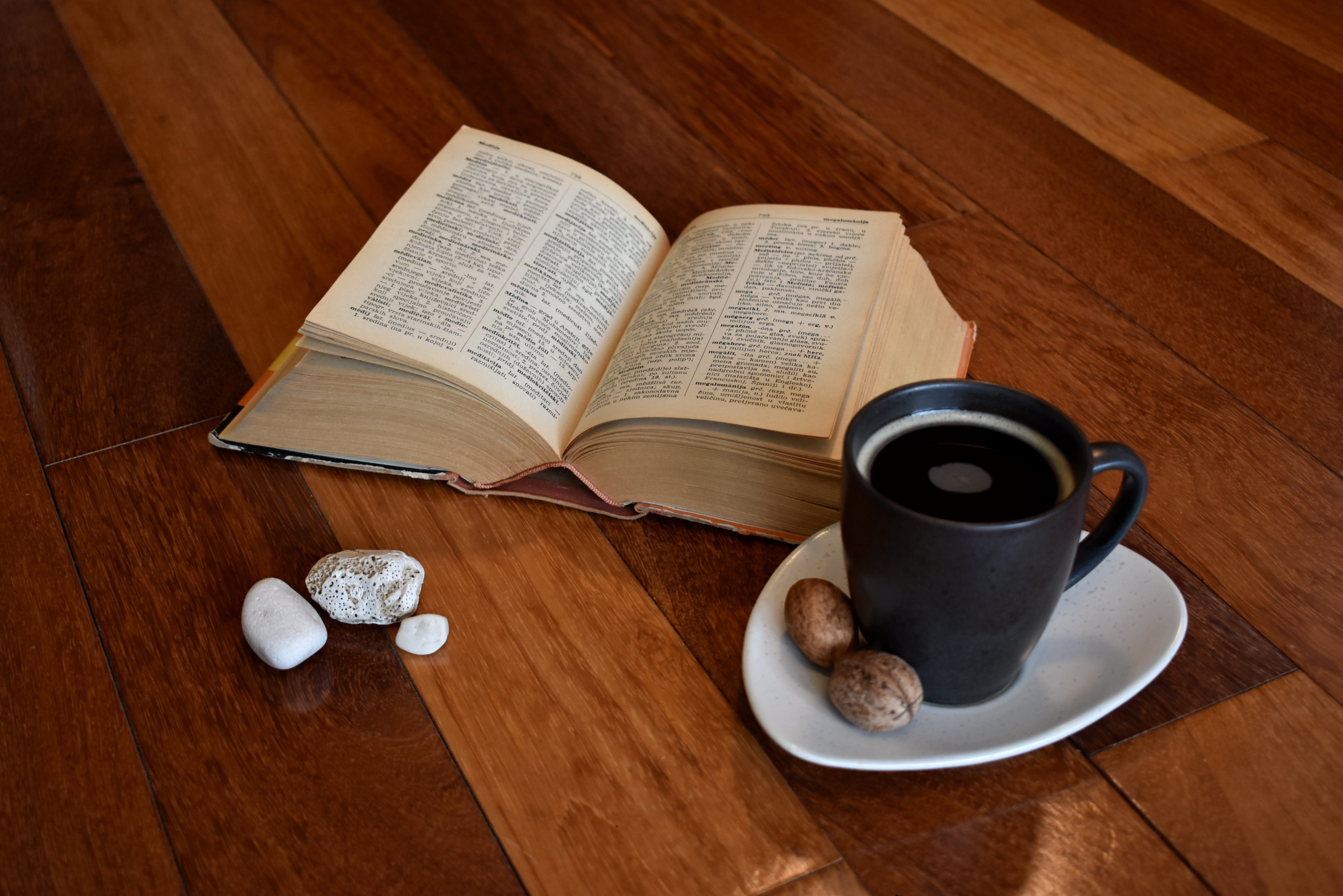 knowledge, high angle view, cup, antique, refreshment, 4K, old book, study, education, still life, coffee, publication, dictionary, open, old, mug, vintage, HD Wallpaper