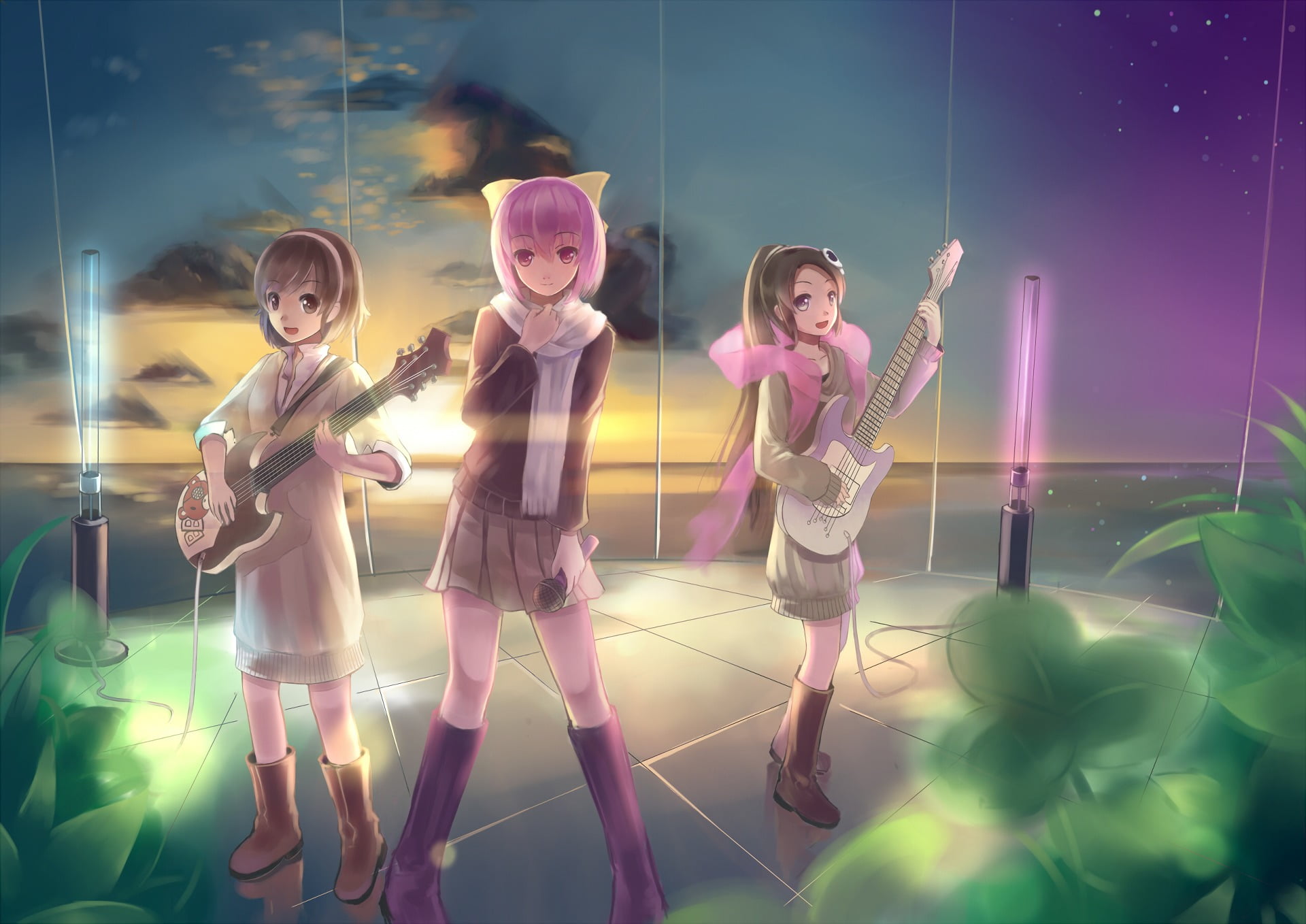 performance, real people, lifestyles, digital composite, anime girls, group of people, girls, full length, standing, people, illuminated, music, Kosaka Chihiro, HD Wallpaper
