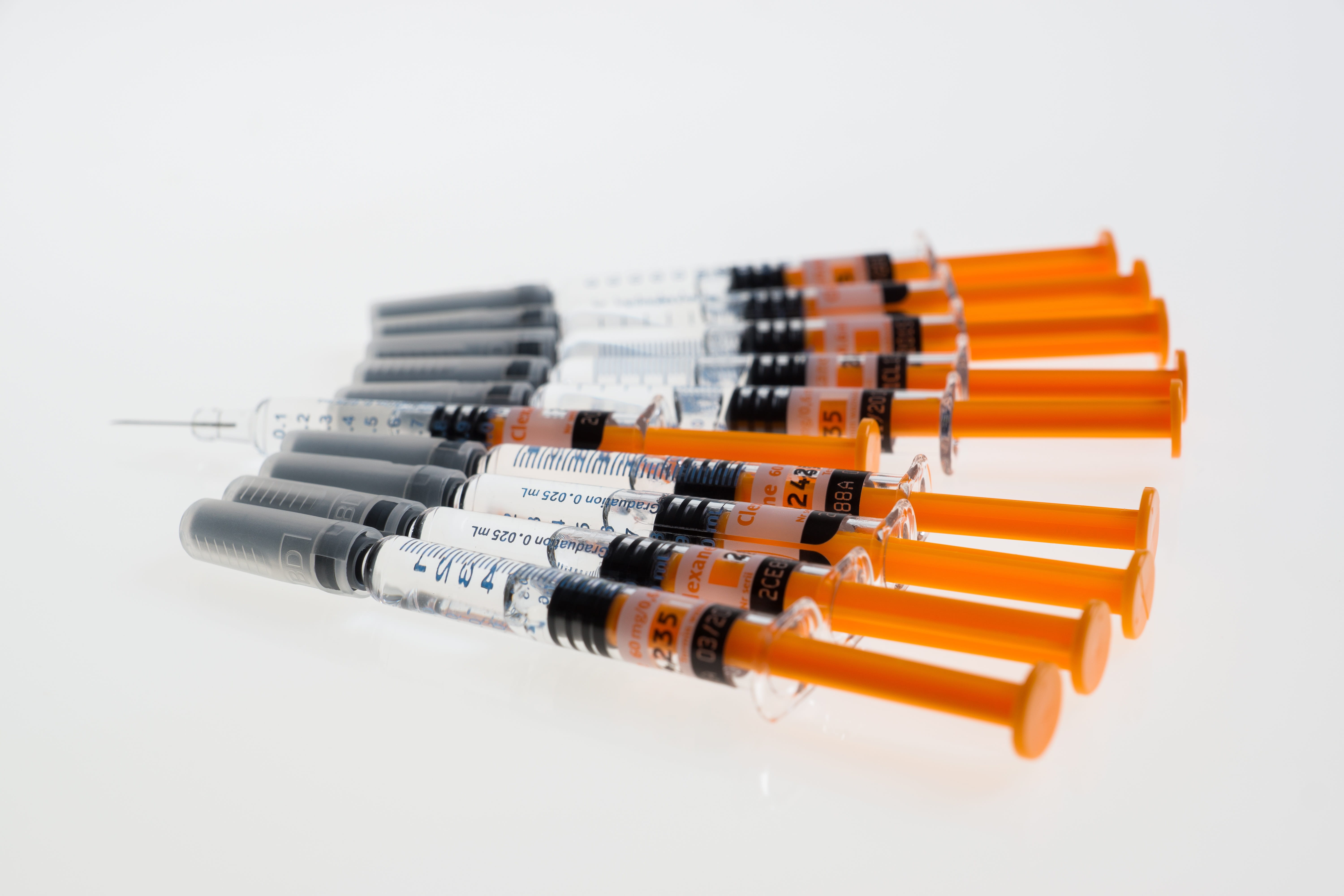 botox, no people, healthcare and medicine, injecting, vaccination, injection, syringe, plastic, sharp, medical supplies, cut out, orange color, 5K, in a row, HD Wallpaper