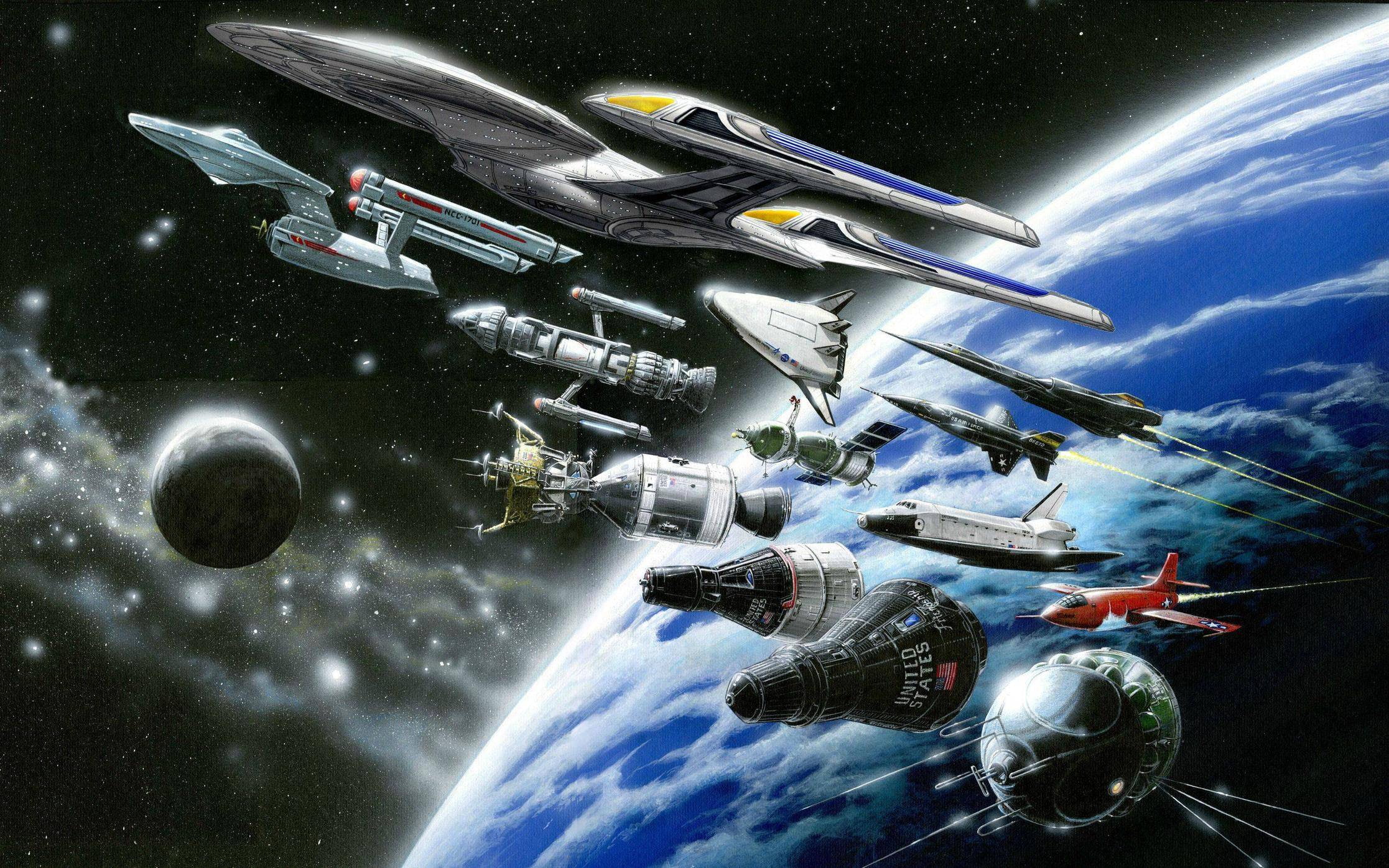 1080P, capsule, starship, trek, star, drawing, nasa, planet, shuttle, moon, stars, enterprise, spaceship, HD Wallpaper
