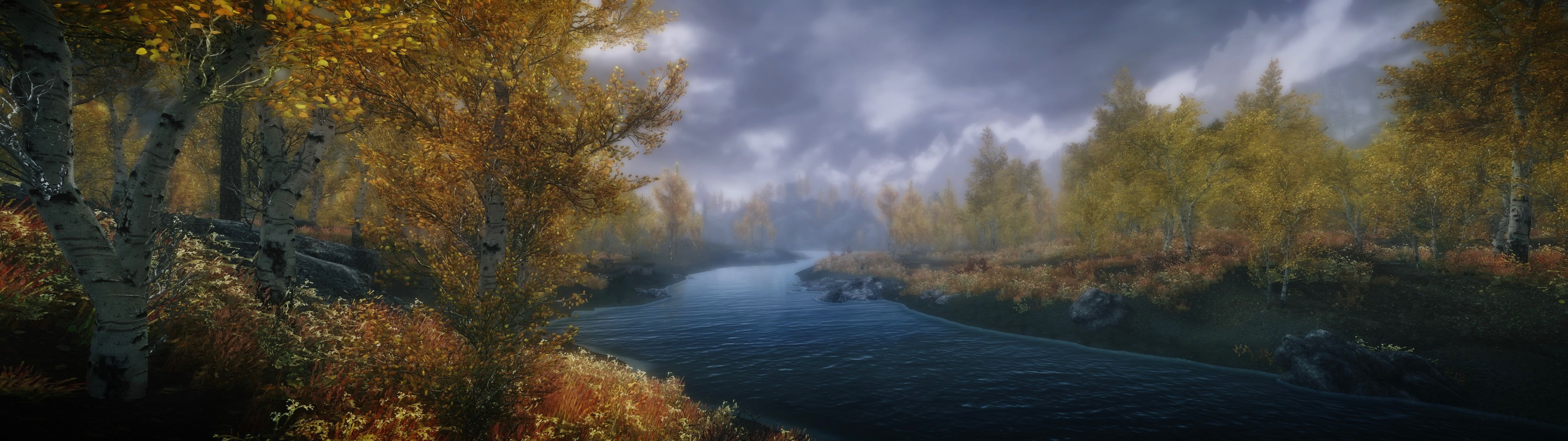 body, nature, water, illustraton, landscape, 4K, The Elder Scrolls V: Skyrim, beside, leafed, tree, multiple display, brown, HD Wallpaper