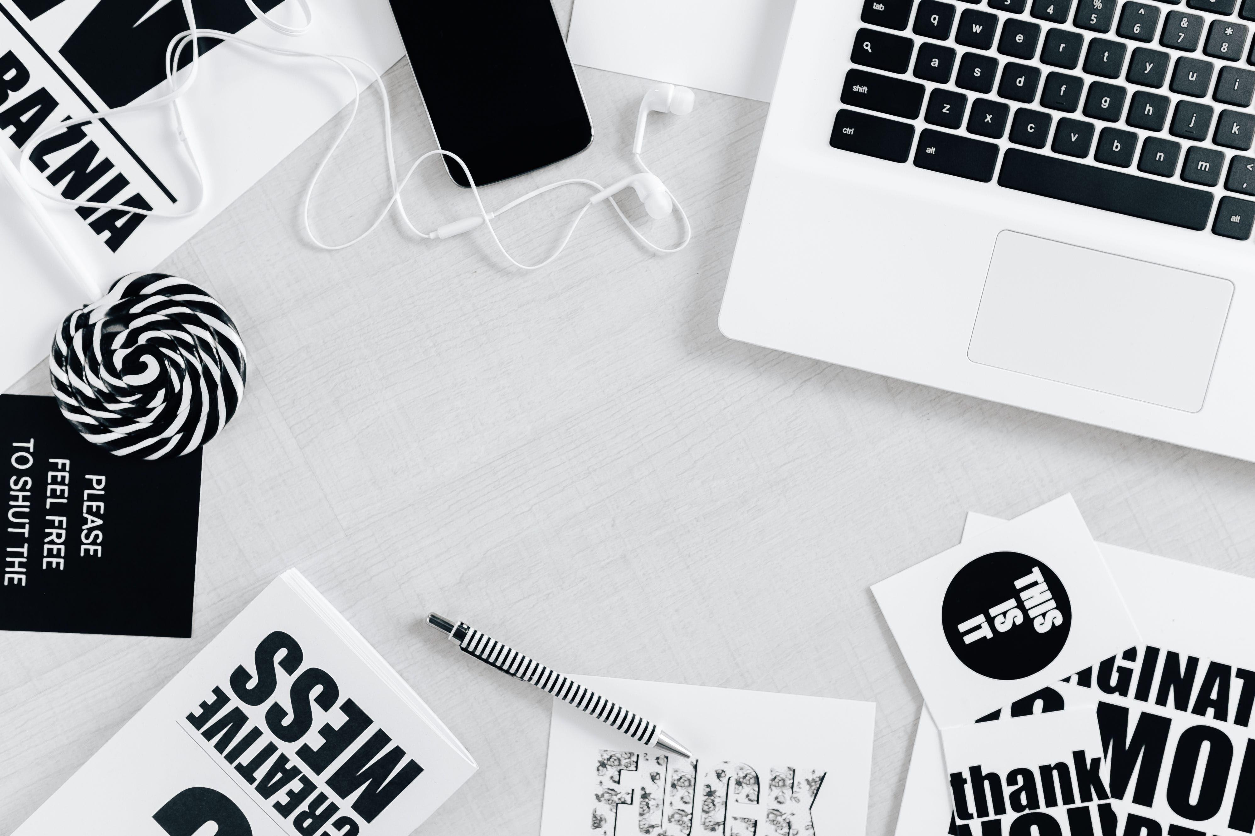table, no people, desk, western script, business, text, communication, white, quotes, laptop, number, sentences, flatlay, close-up, 4K, flat, typo, office, HD Wallpaper