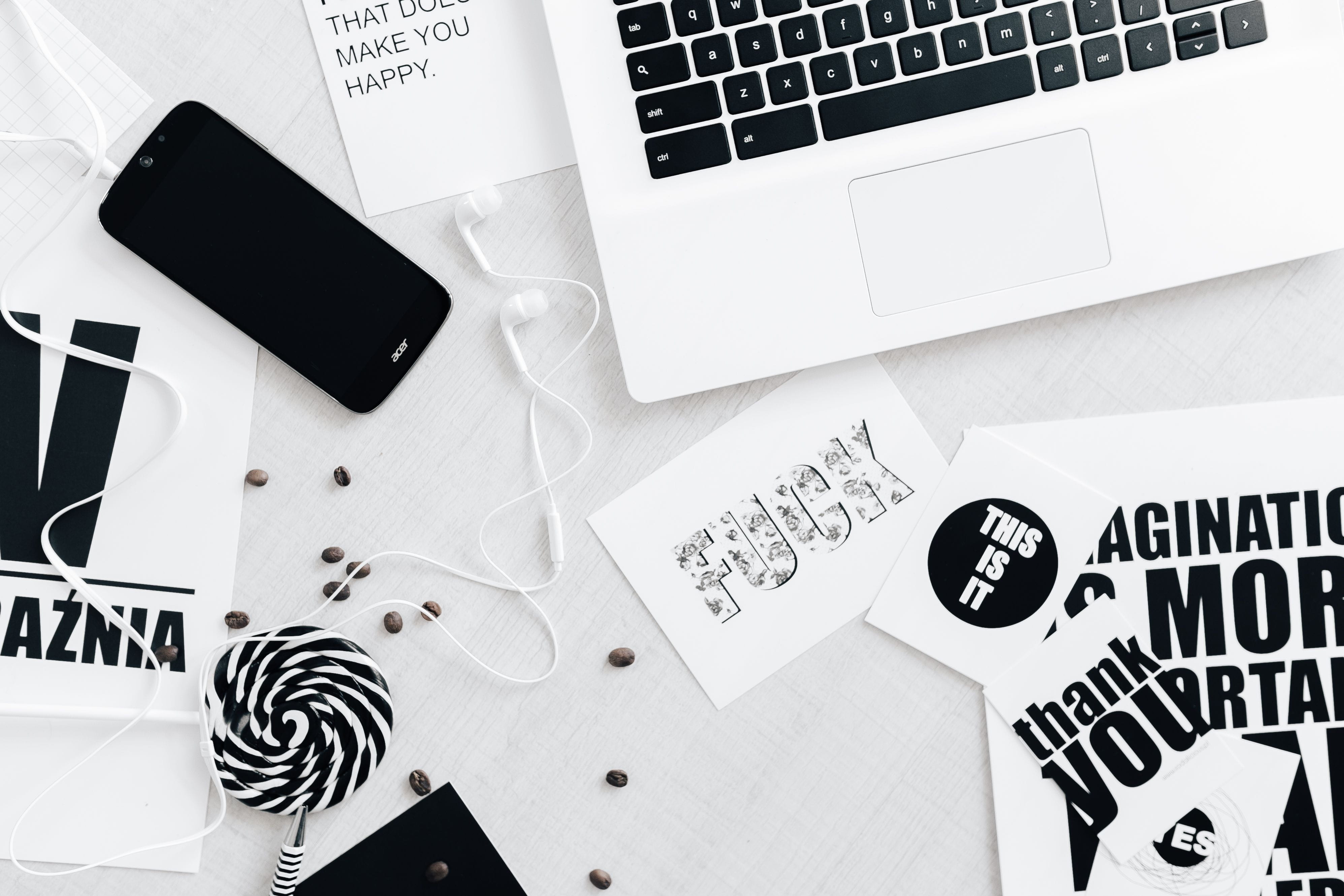 4K, flatlay, high angle view, laptop, words, portable information device, sentences, indoors, connection, typography, monochrome, smart phone, letters, HD Wallpaper
